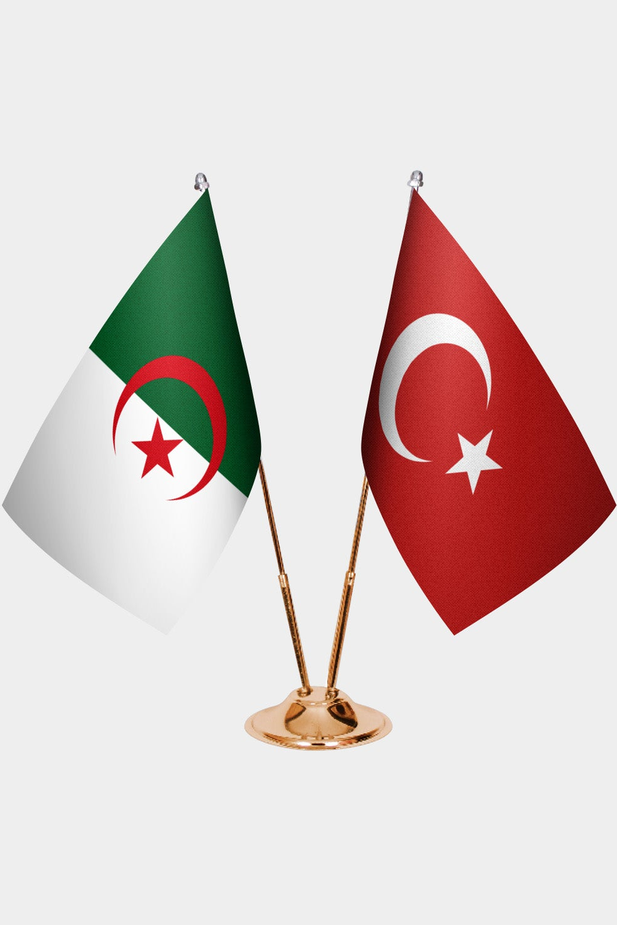 Algeria and Türkiye dual desk flag set with gold pedestal, satin office table flag