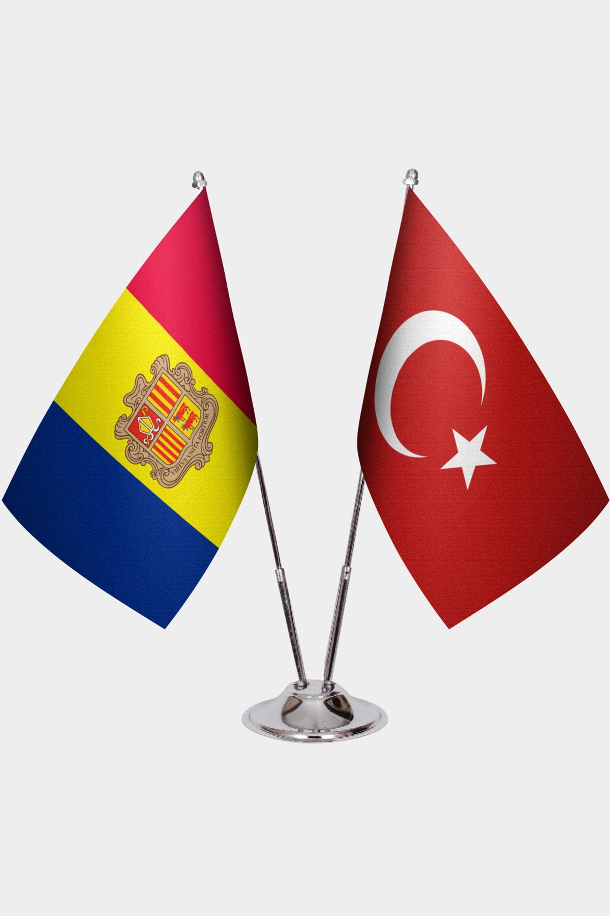 Andorra and Türkiye dual desk flag set with chrome silver pedestal, satin office table flag