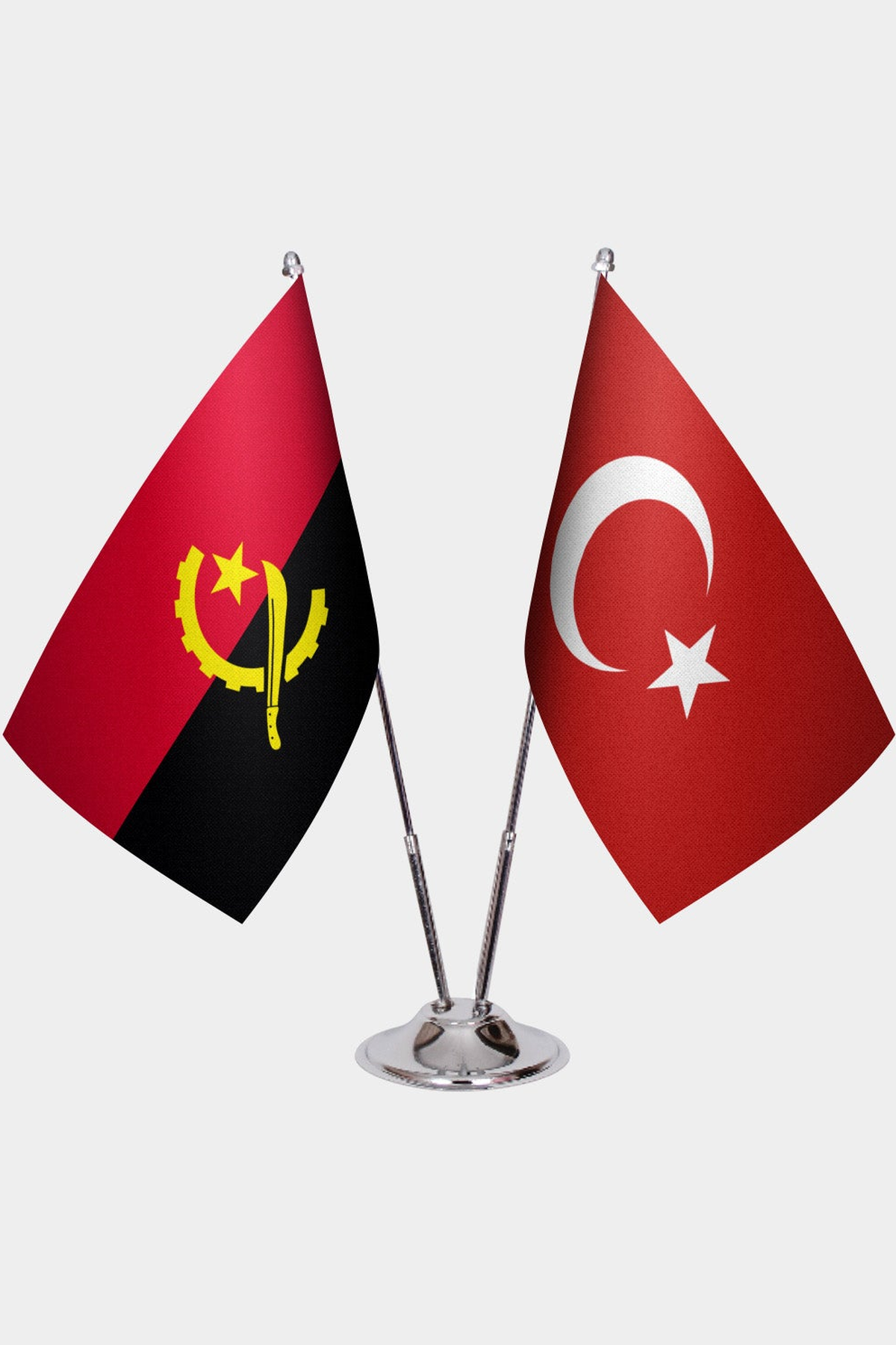 Angola and Türkiye dual desk flag set with chrome silver pedestal, satin office table flag