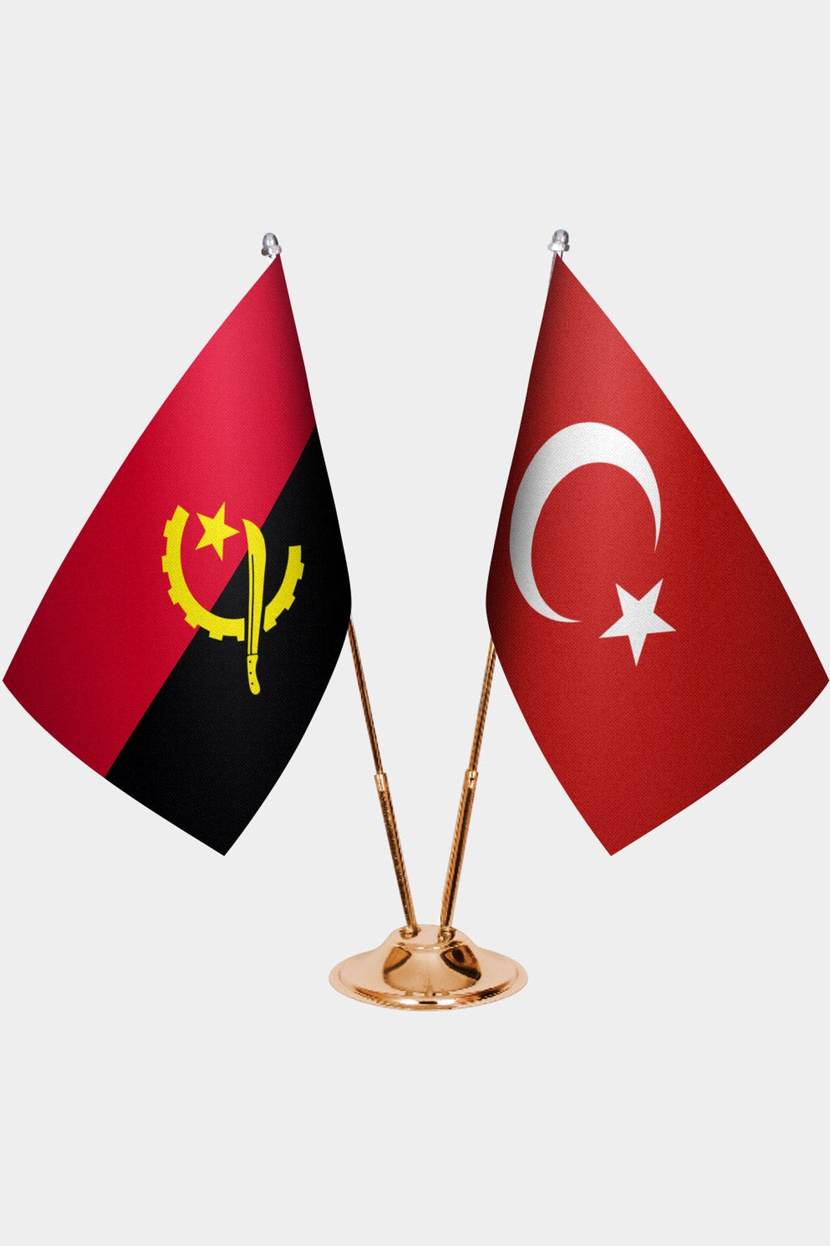 Angola and Türkiye dual desk flag set with gold pedestal, satin office table flag