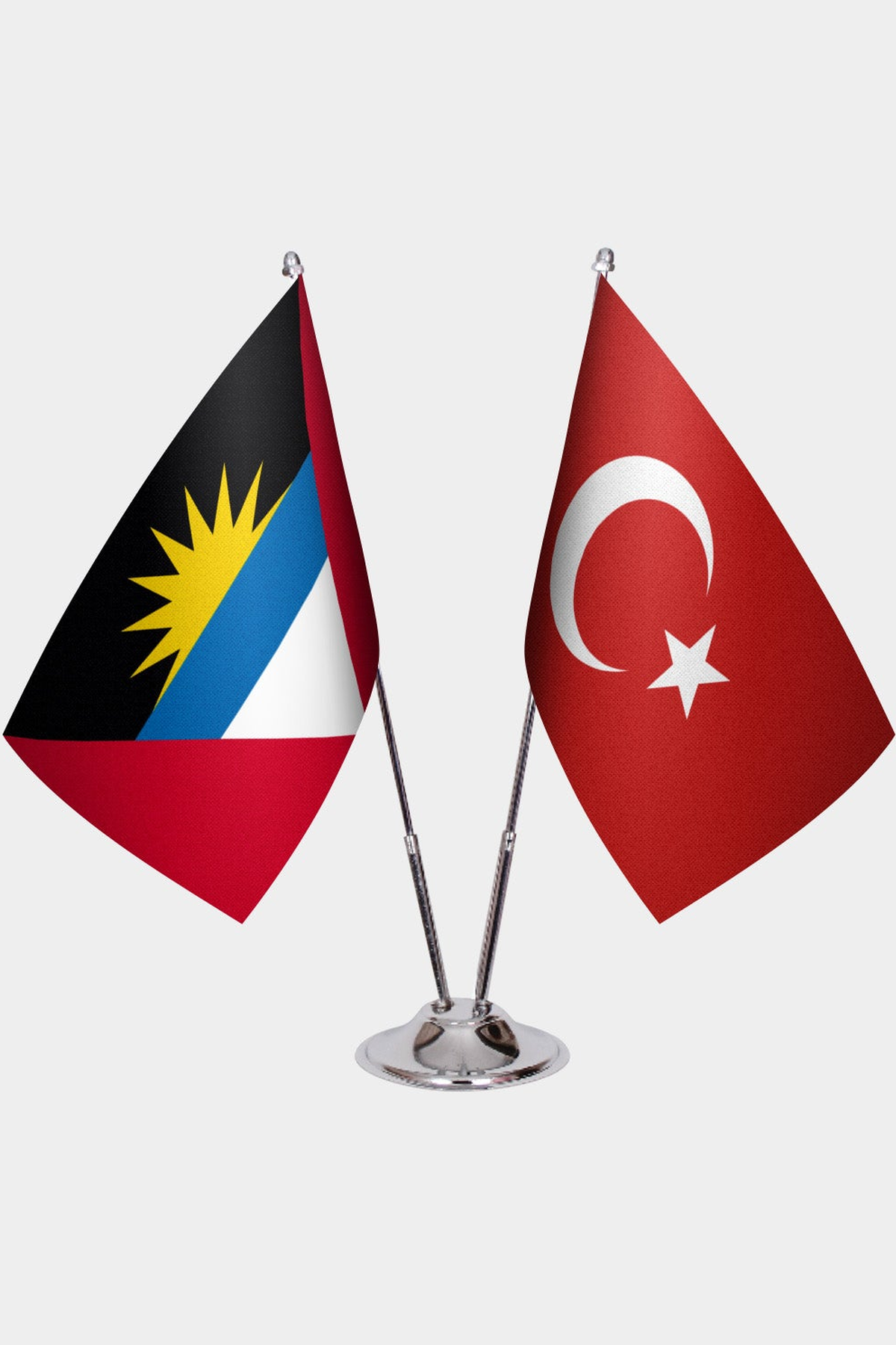 Antigua & Barbuda and Türkiye dual desk flag set with chrome silver pedestal, satin office table flag