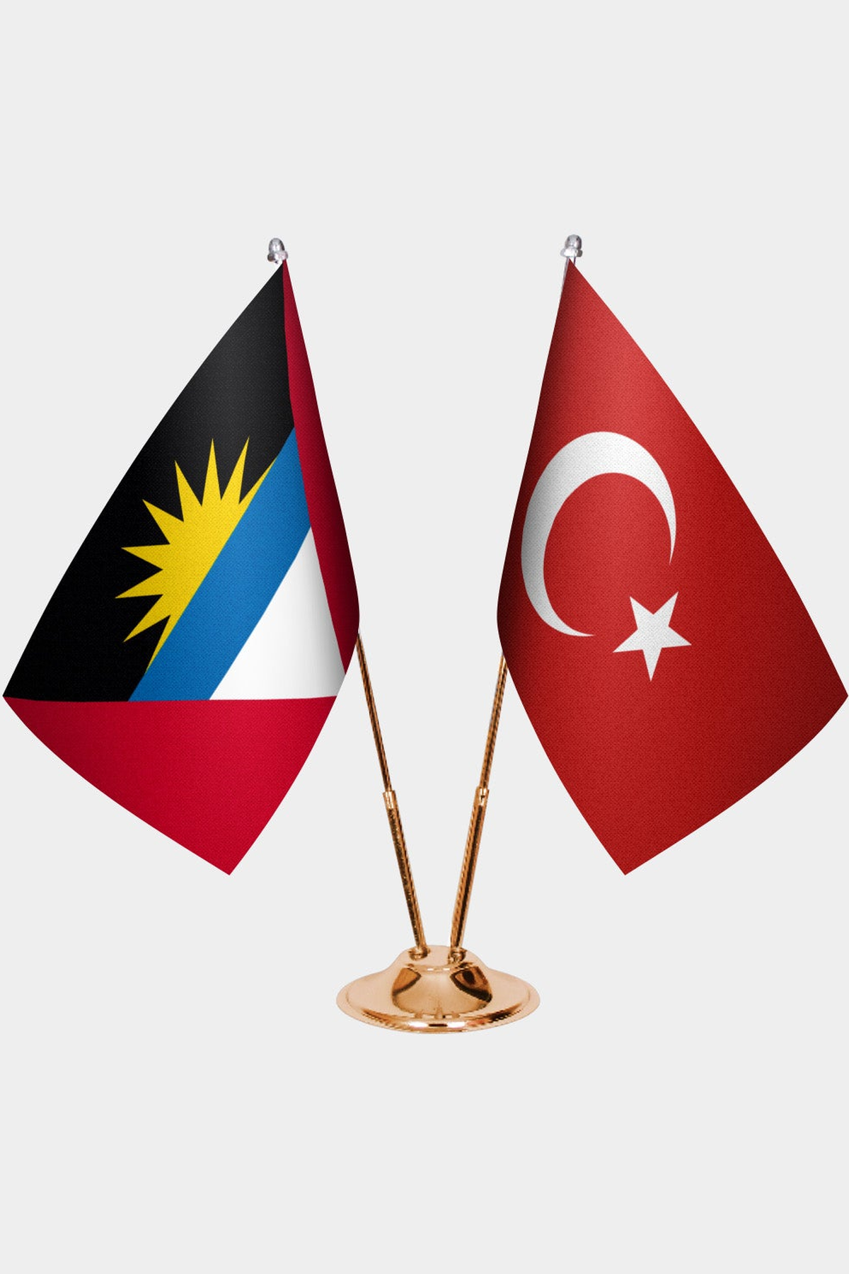 Antigua & Barbuda and Türkiye dual desk flag set with gold pedestal, satin office table flag