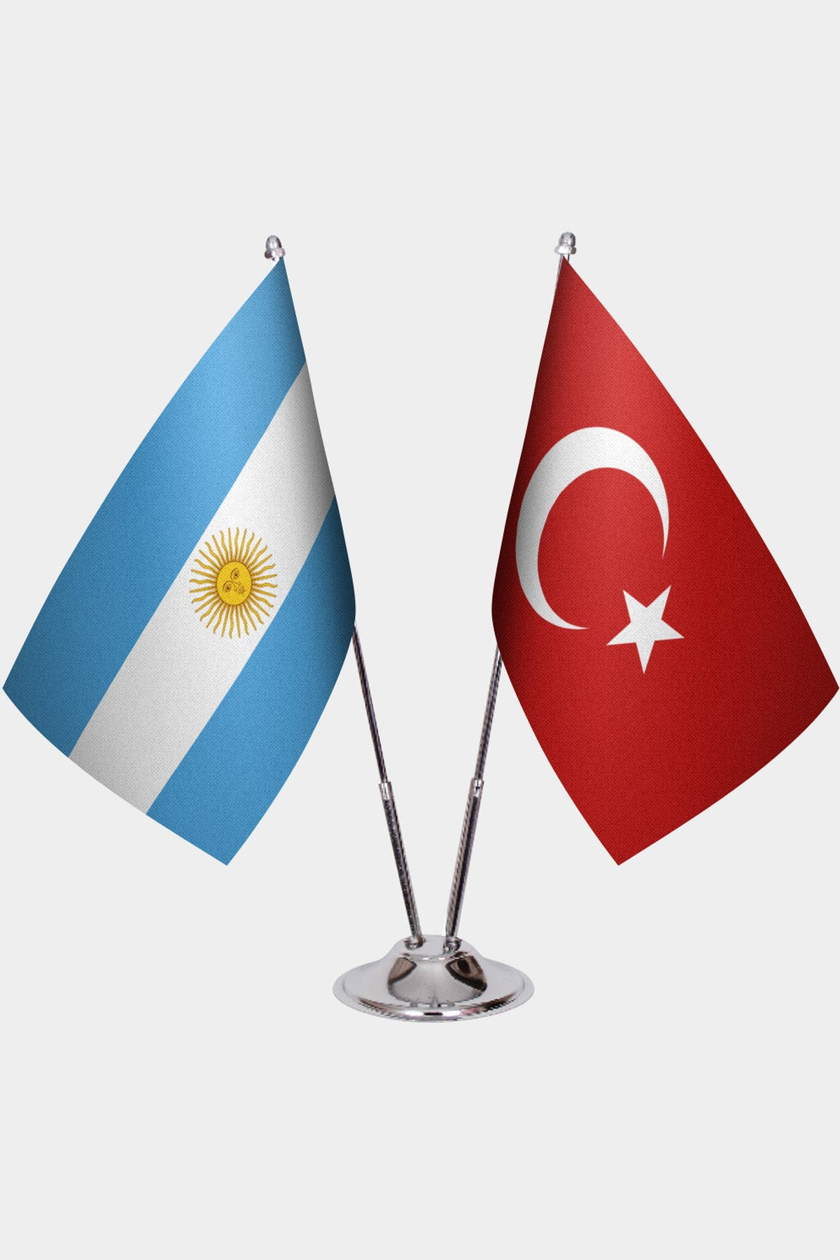 Argentina and Türkiye dual desk flag set with chrome silver pedestal, satin office table flag