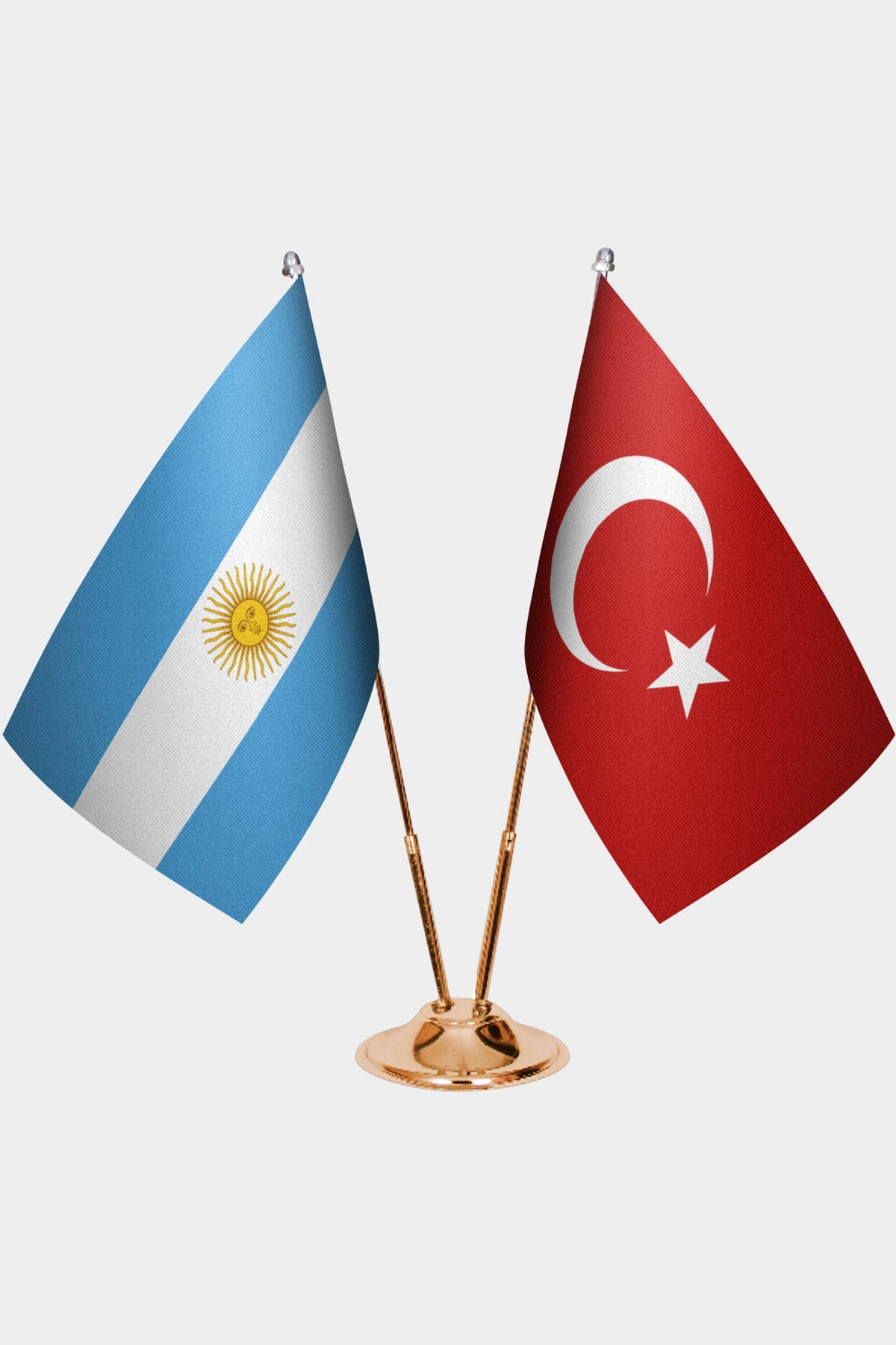 Argentina and Türkiye dual desk flag set with gold pedestal, satin office table flag