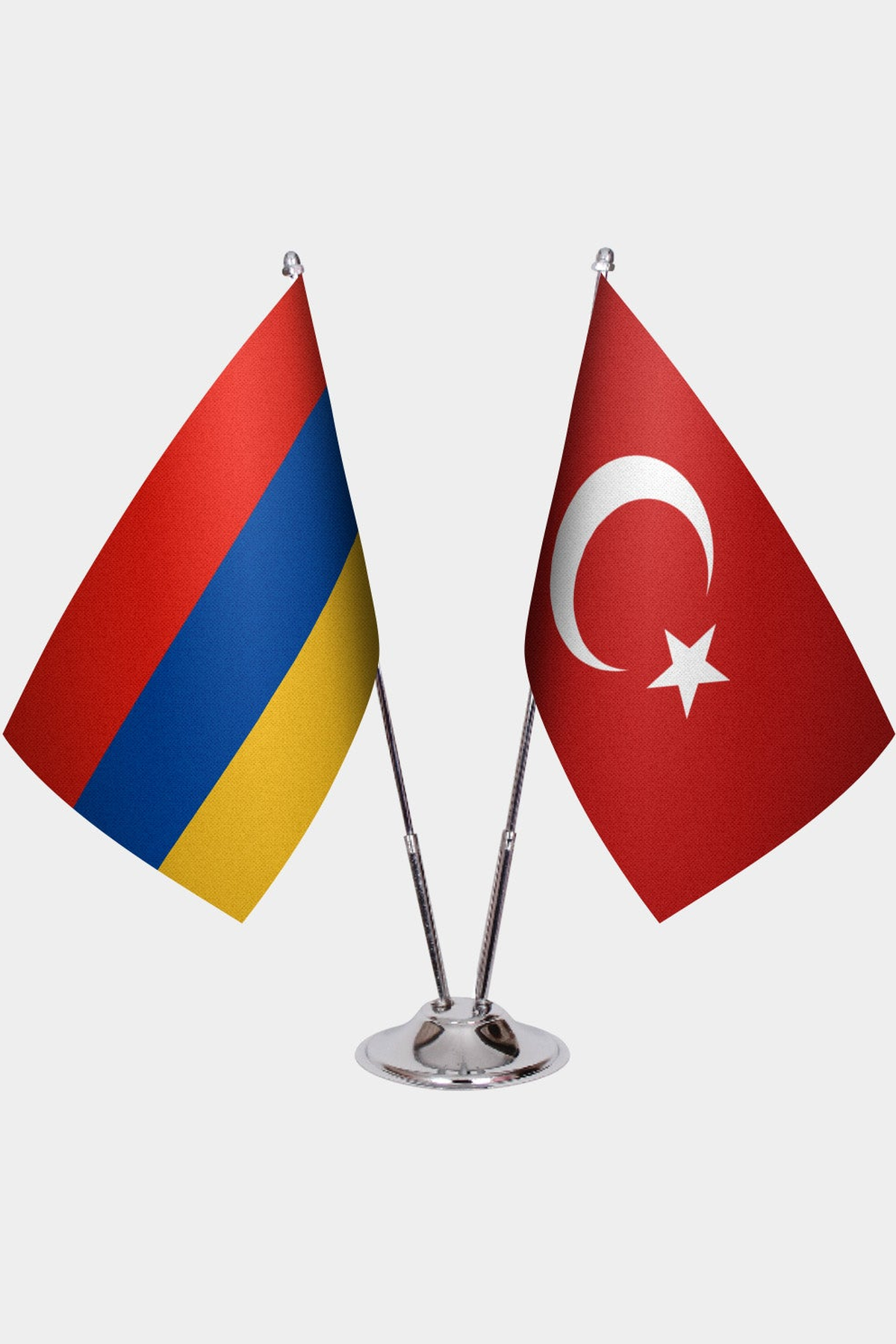 Armenia and Türkiye dual desk flag set with chrome silver pedestal, satin office table flag