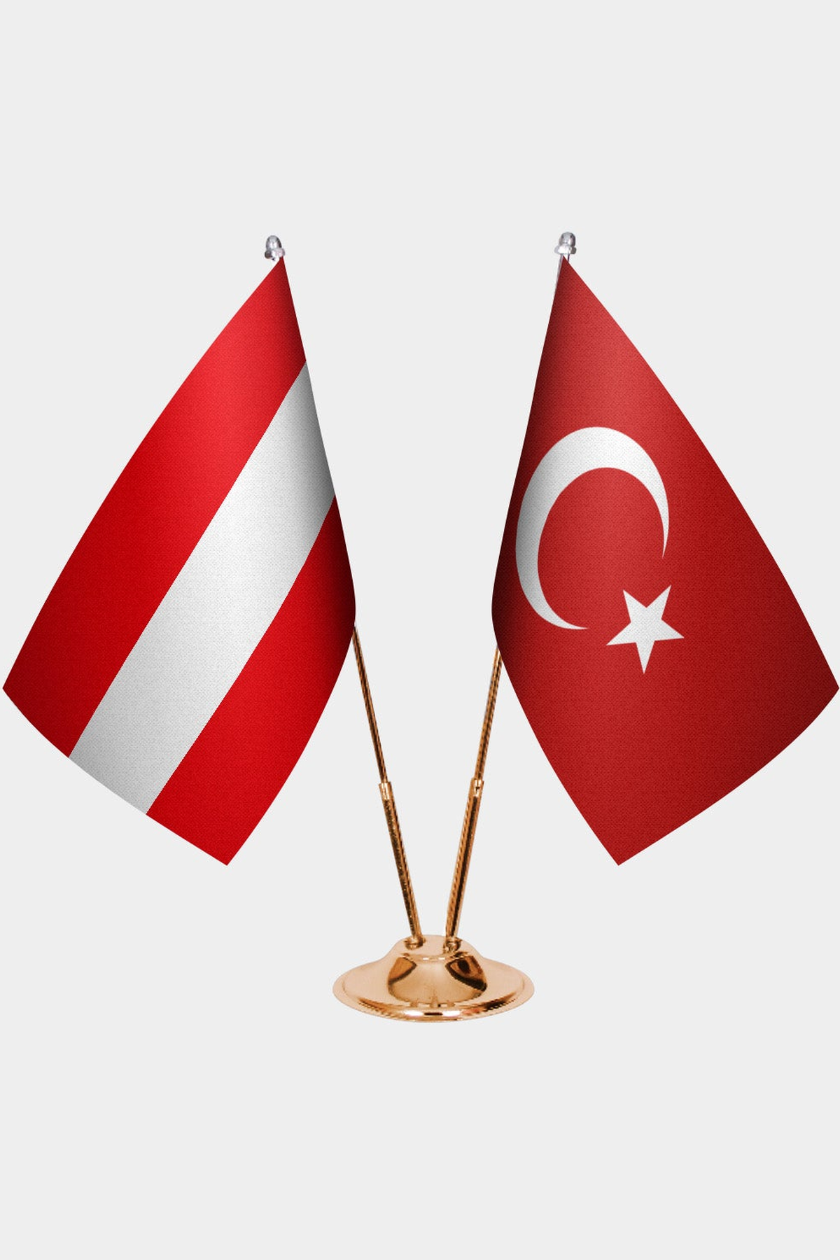 Austria and Türkiye dual desk flag set with gold pedestal, satin office table flag