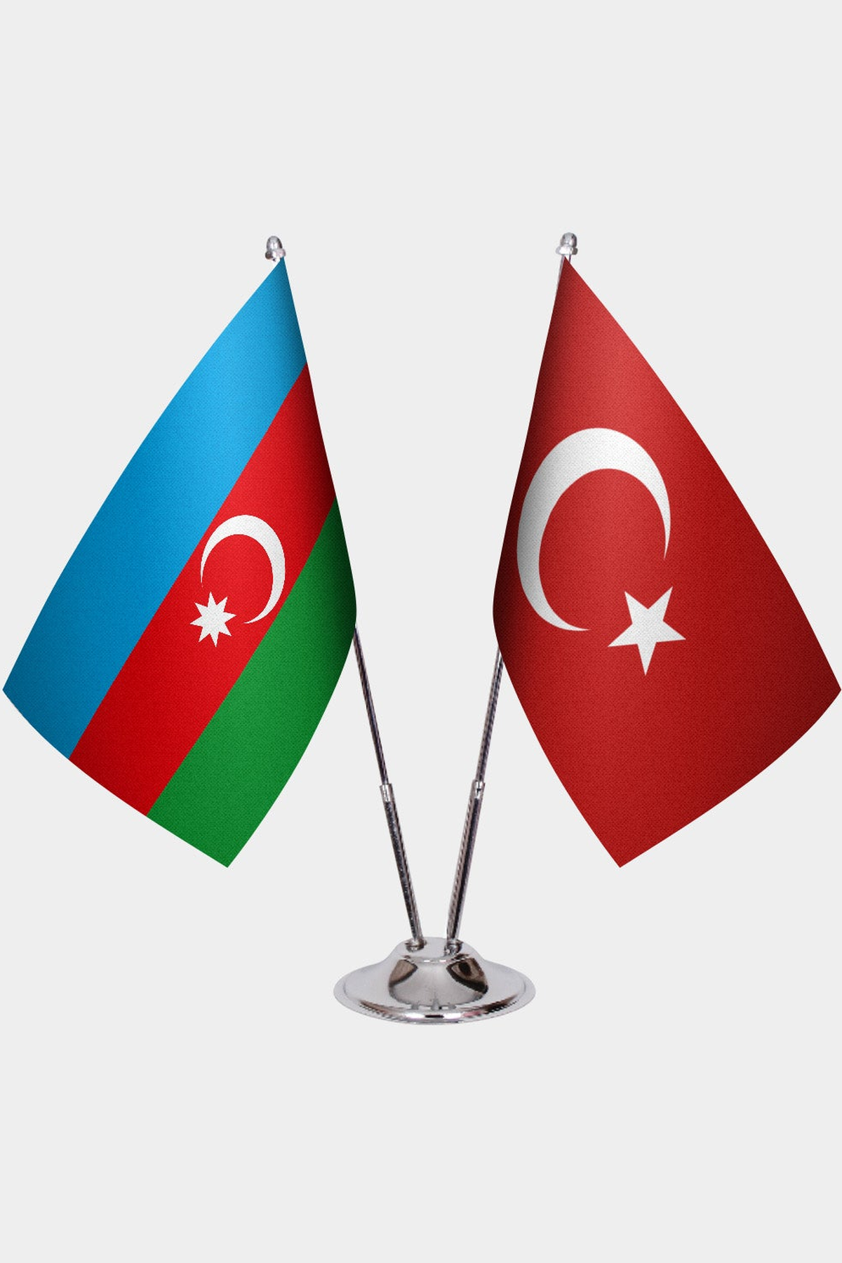 Azerbaijan and Türkiye dual desk flag set with chrome silver pedestal, satin office table flag