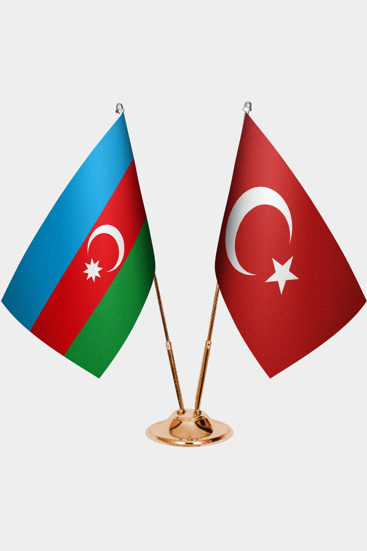 Azerbaijan and Türkiye dual desk flag set with gold pedestal, satin office table flag