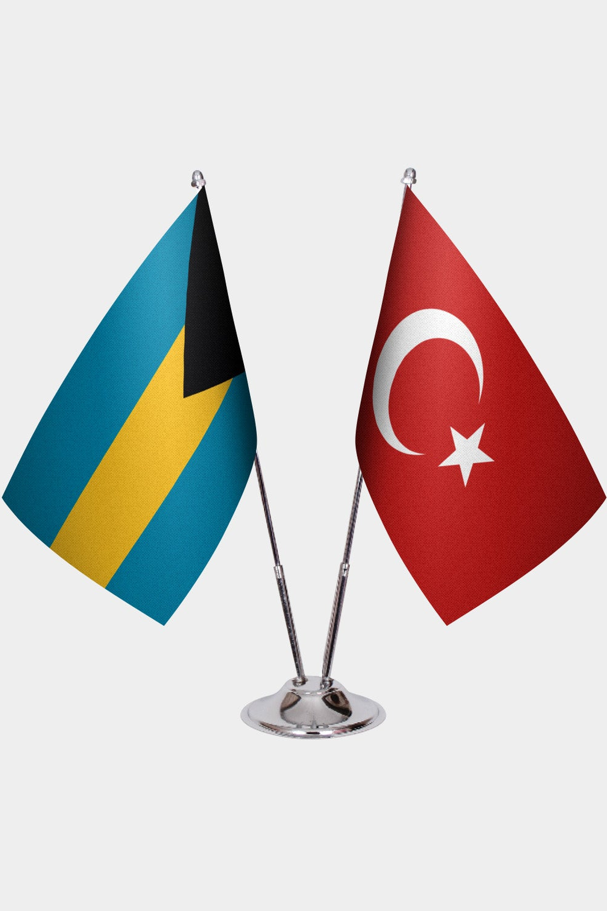 Bahamas and Türkiye dual desk flag set with chrome silver pedestal, satin office table flag