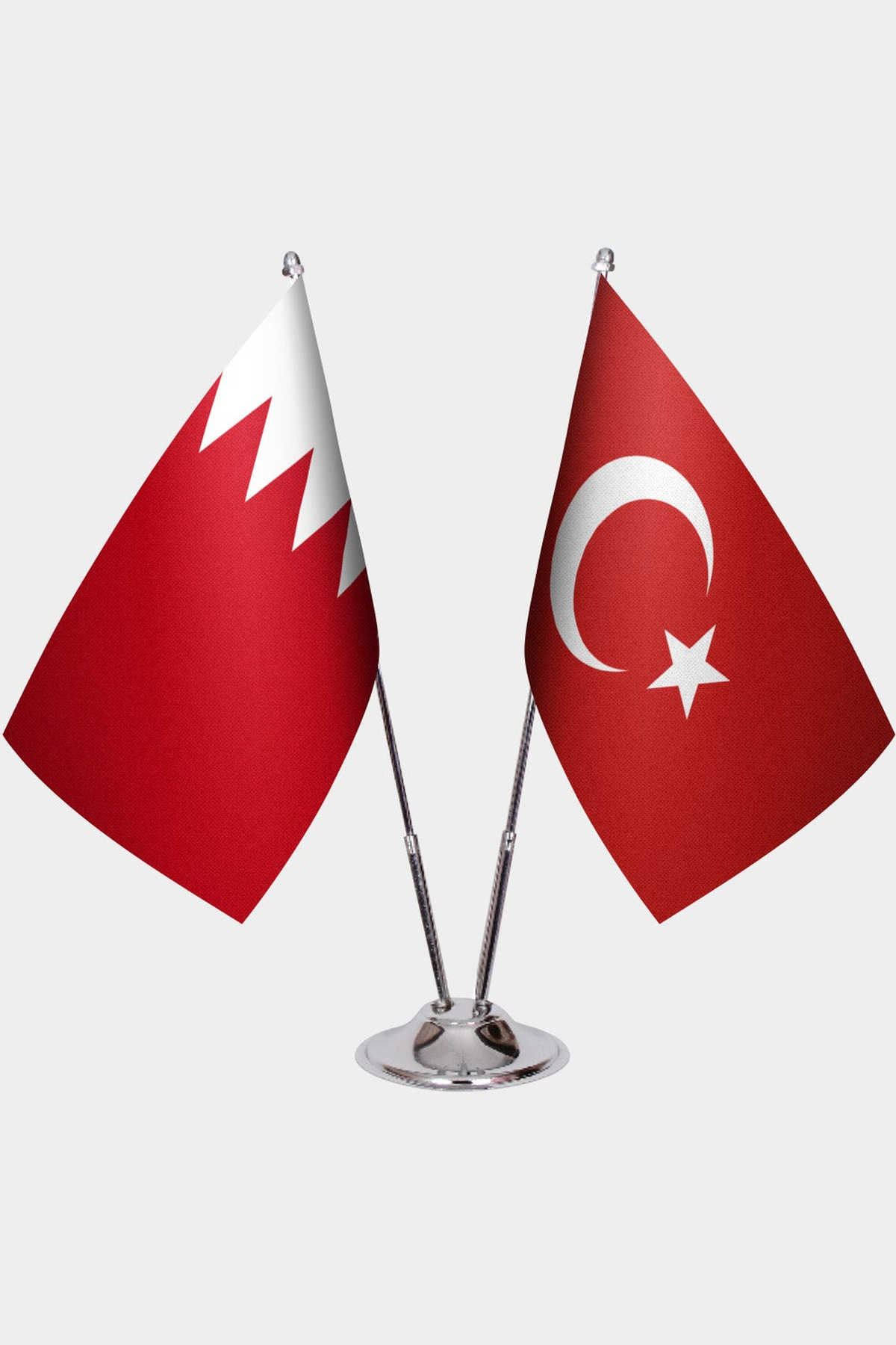 Bahrain and Türkiye dual desk flag set with chrome silver pedestal, satin office table flag