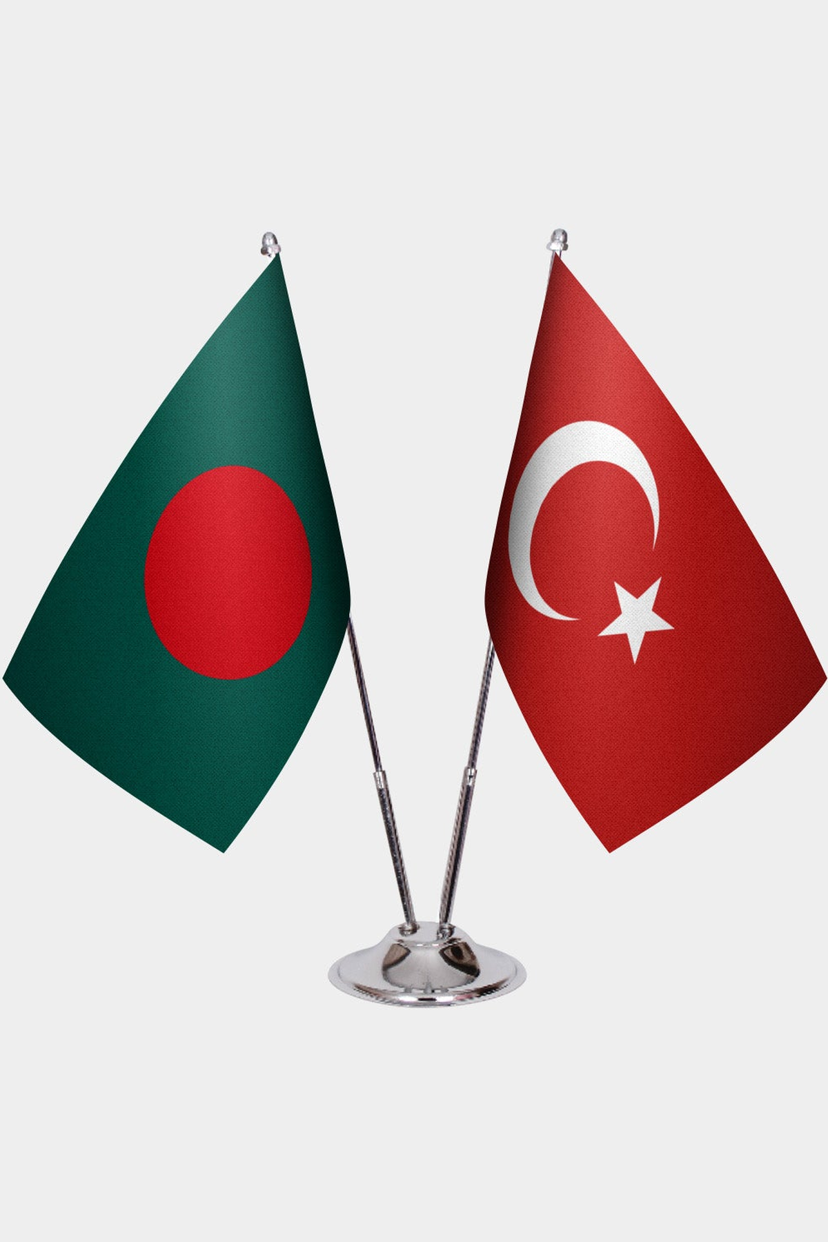 Bangladesh and Türkiye dual desk flag set with chrome silver pedestal, satin office table flag