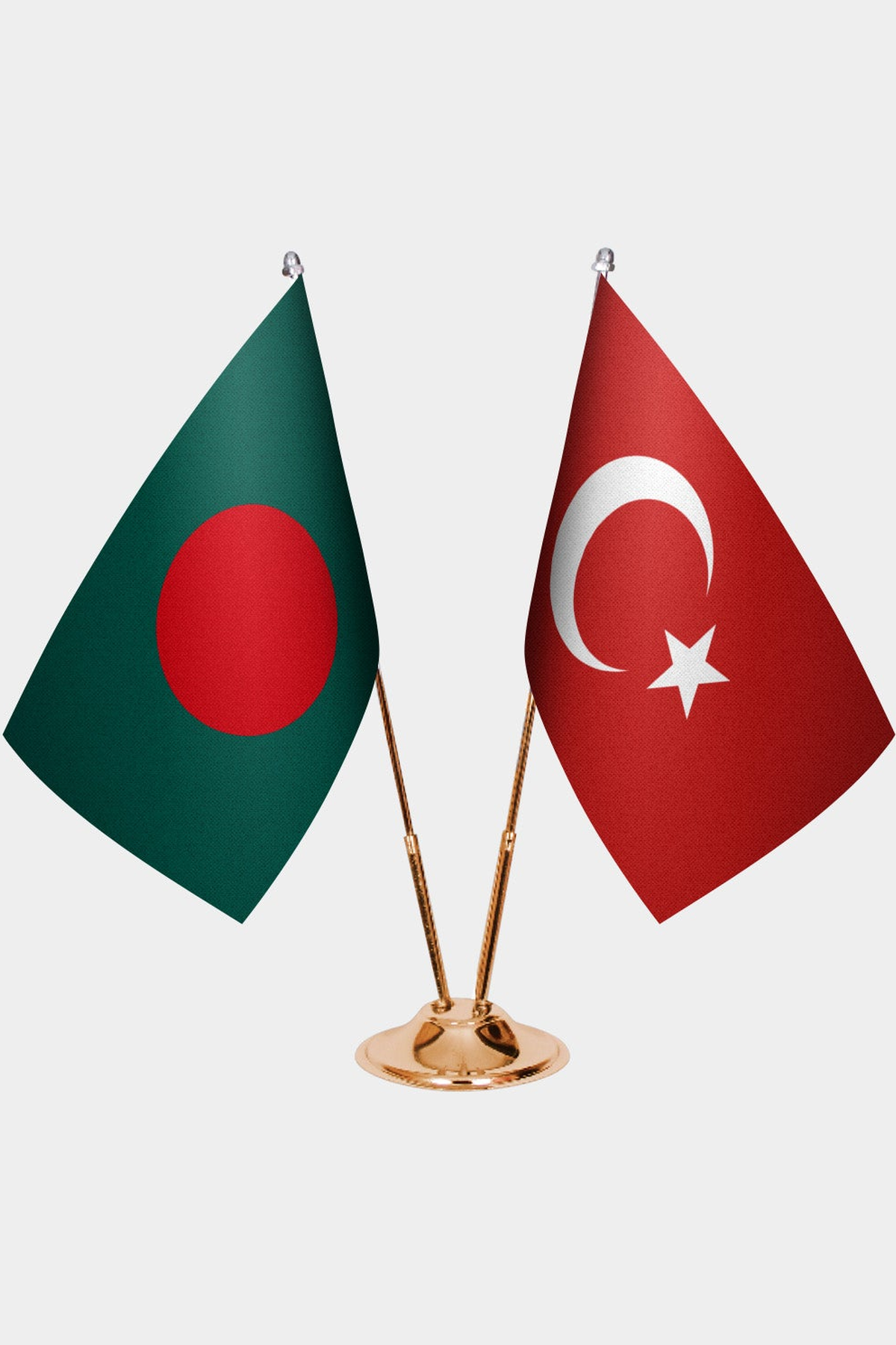 Bangladesh and Türkiye dual desk flag set with gold pedestal, satin office table flag