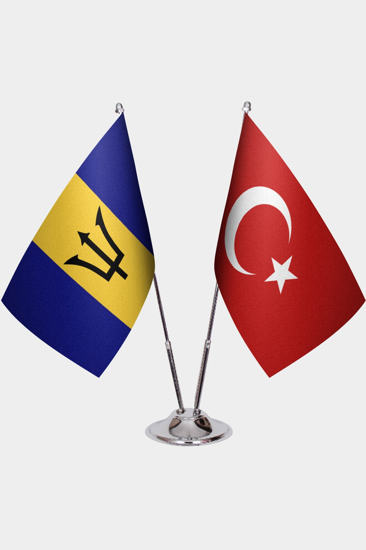 Barbados and Türkiye dual desk flag set with chrome silver pedestal, satin office table flag