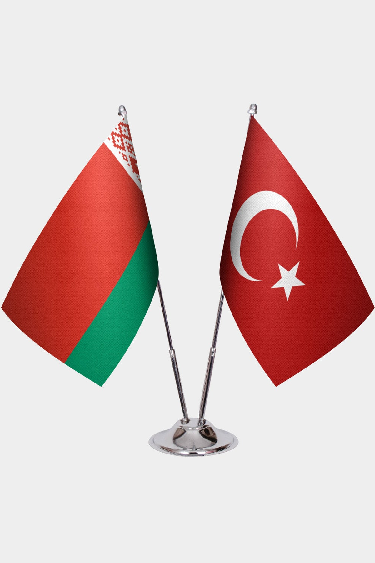 Belarus and Türkiye dual desk flag set with chrome silver pedestal, satin office table flag