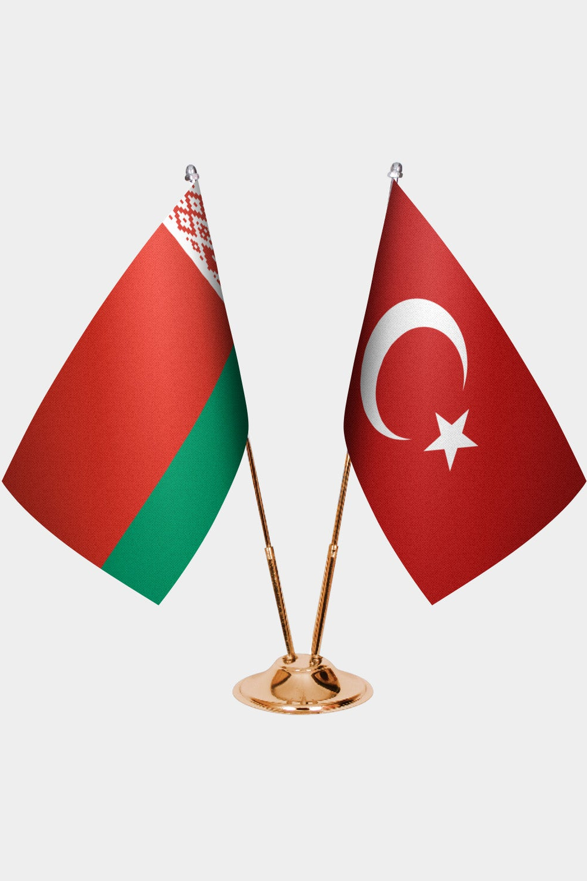 Belarus and Türkiye dual desk flag set with gold pedestal, satin office table flag