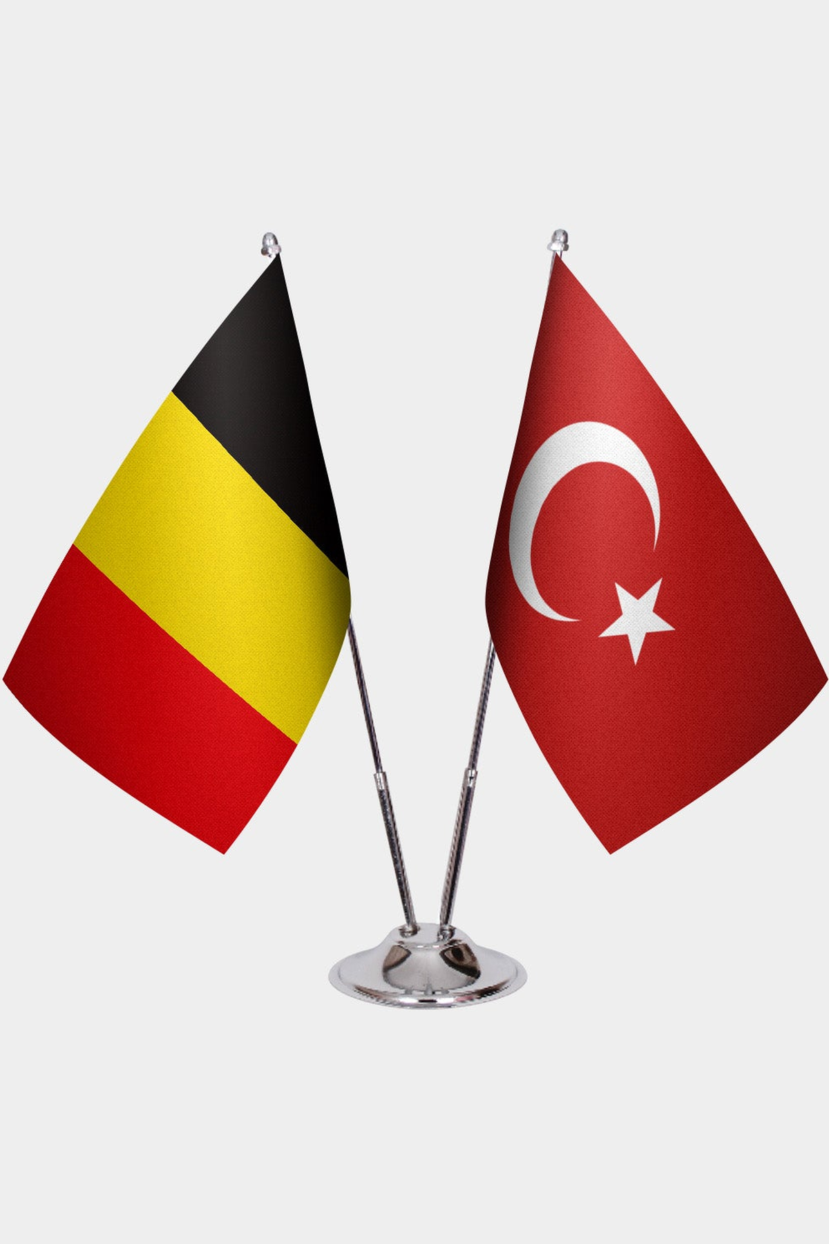 Belgium and Türkiye dual desk flag set with chrome silver pedestal, satin office table flag