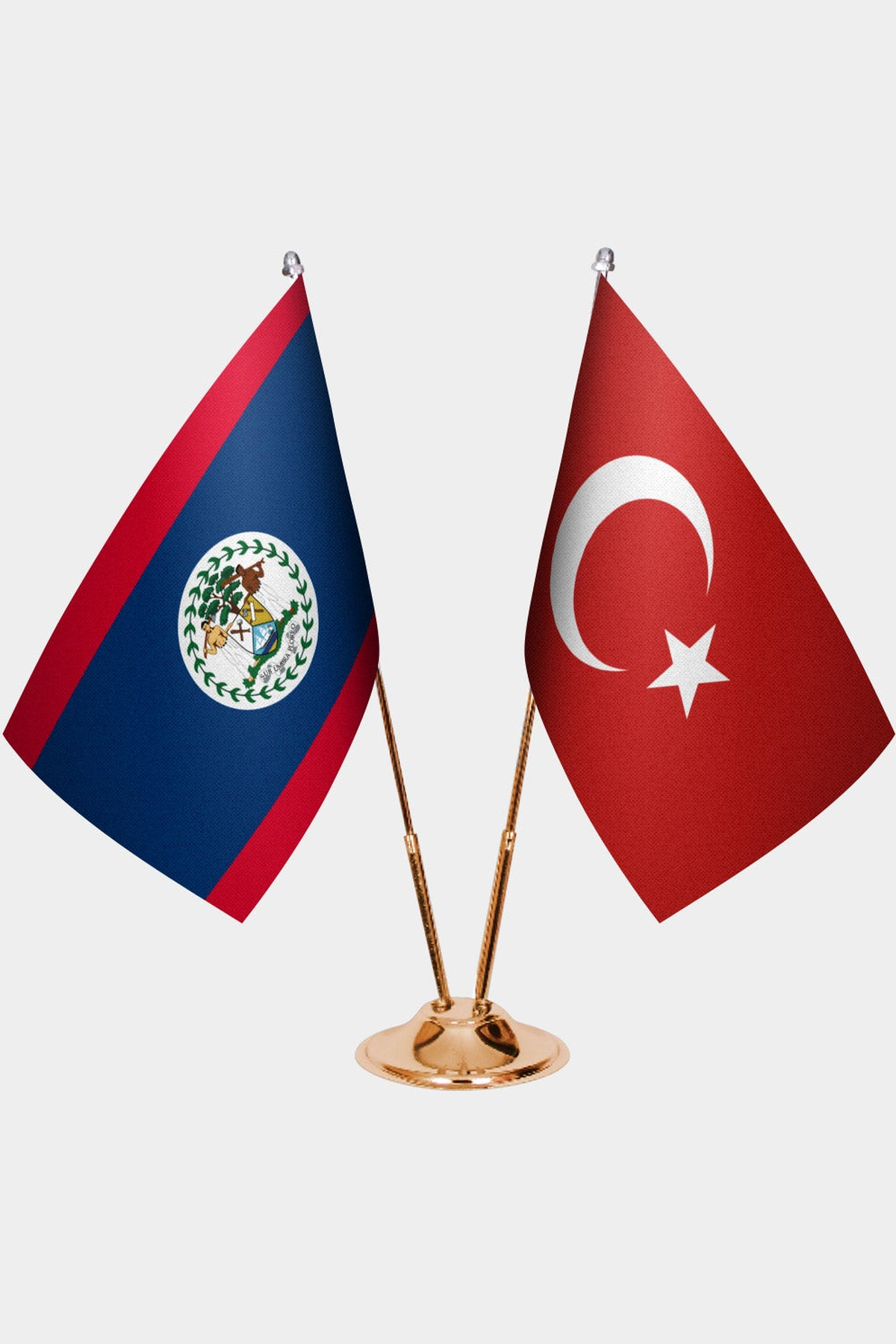Belize and Türkiye dual desk flag set with gold pedestal, satin office table flag