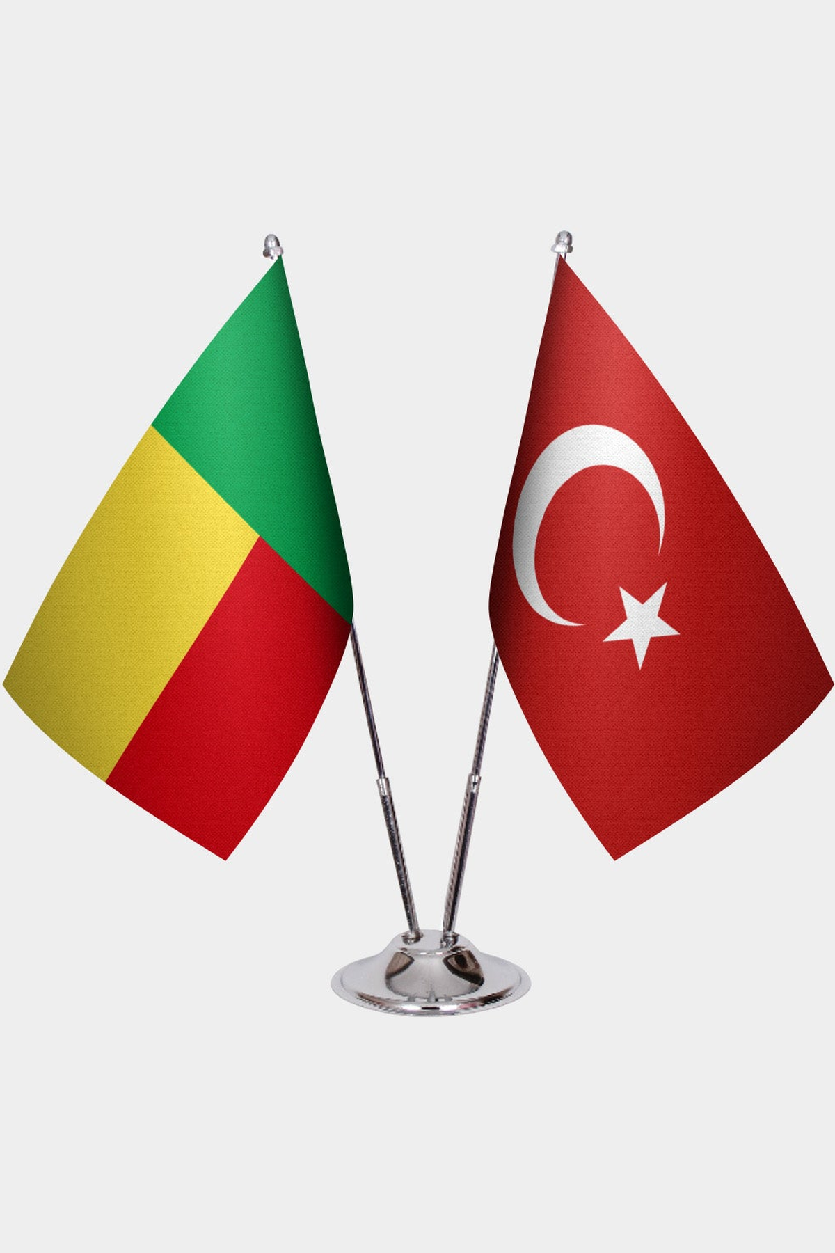 Benin and Türkiye dual desk flag set with chrome silver pedestal, satin office table flag