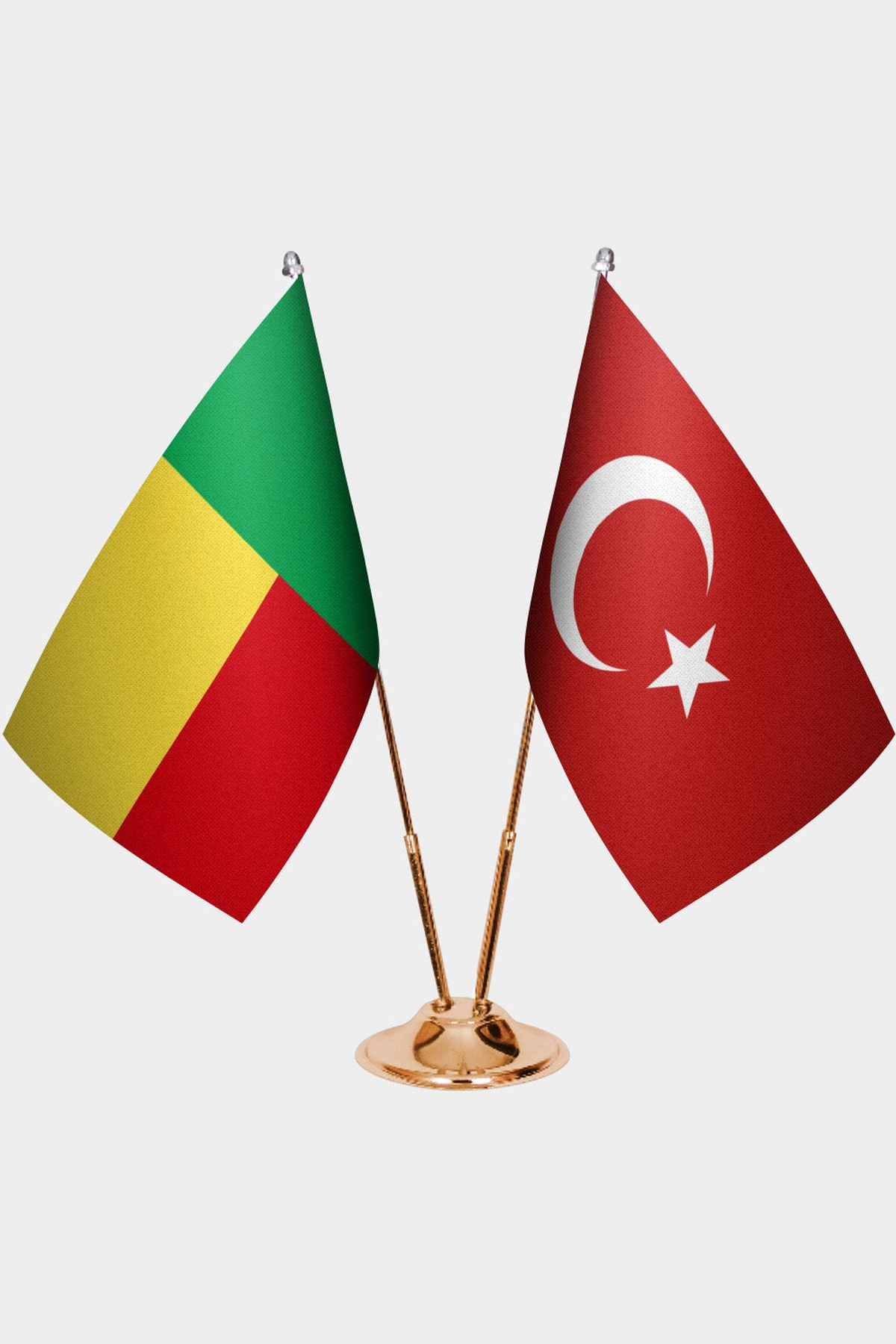 Benin and Türkiye dual desk flag set with gold pedestal, satin office table flag