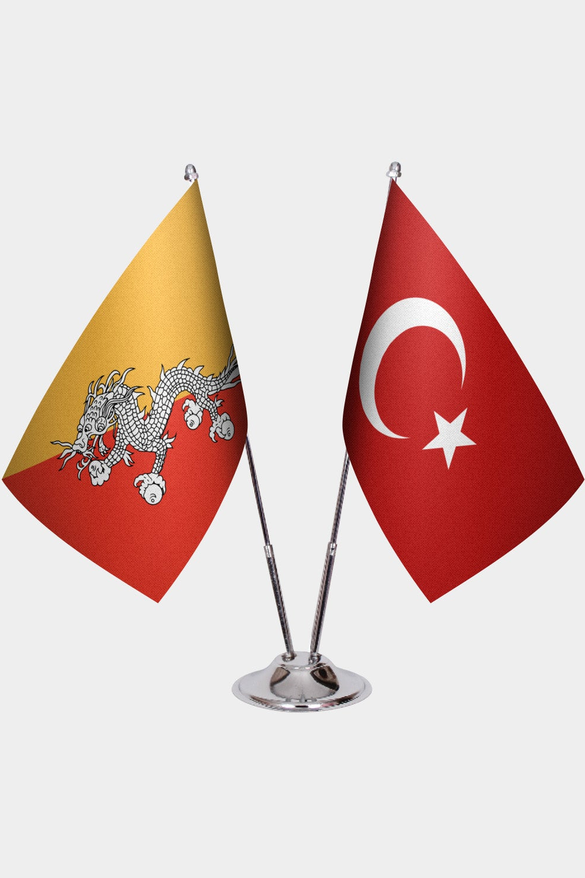 Bhutan and Türkiye dual desk flag set with chrome silver pedestal, satin office table flag