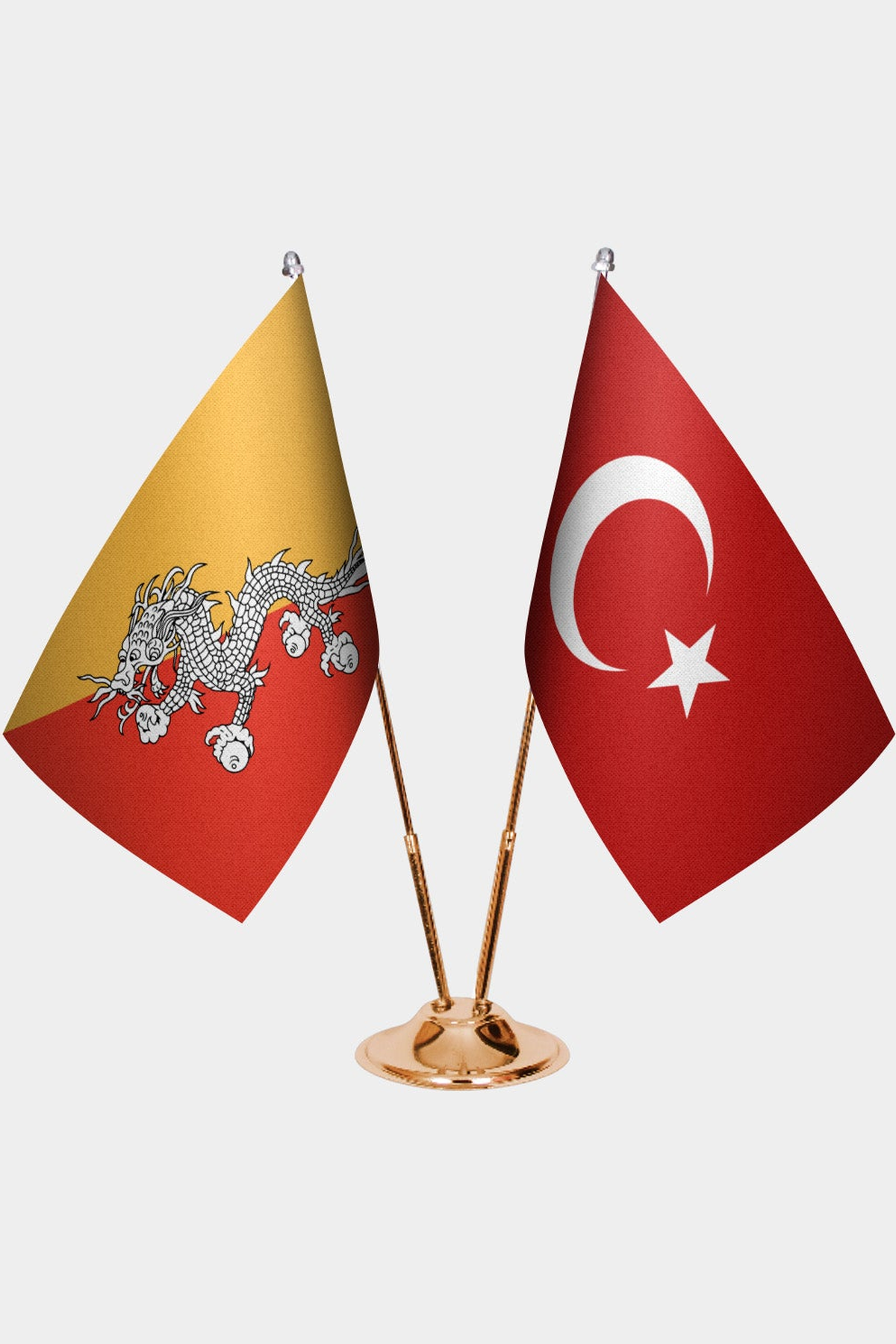 Bhutan and Türkiye dual desk flag set with gold pedestal, satin office table flag