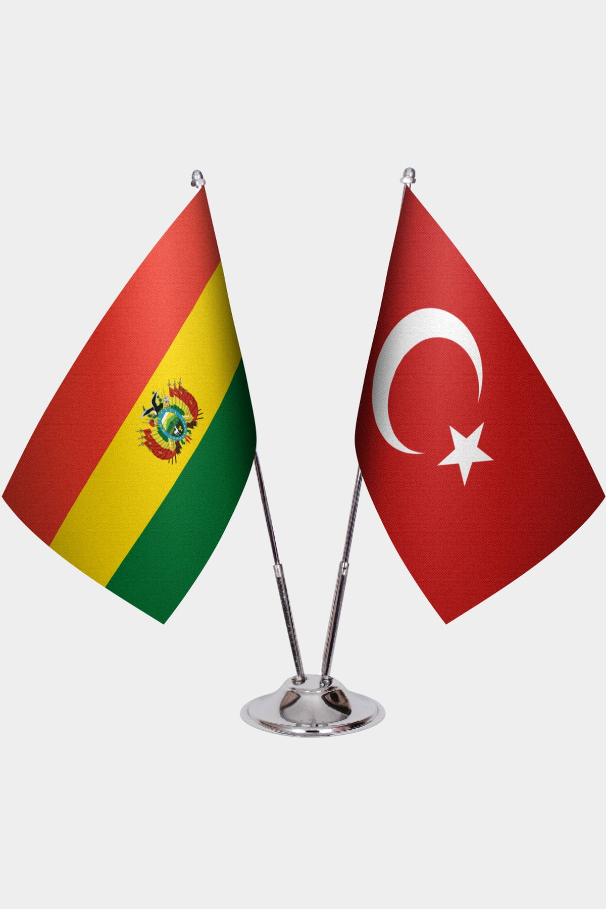 Bolivia and Türkiye dual desk flag set with chrome silver pedestal, satin office table flag