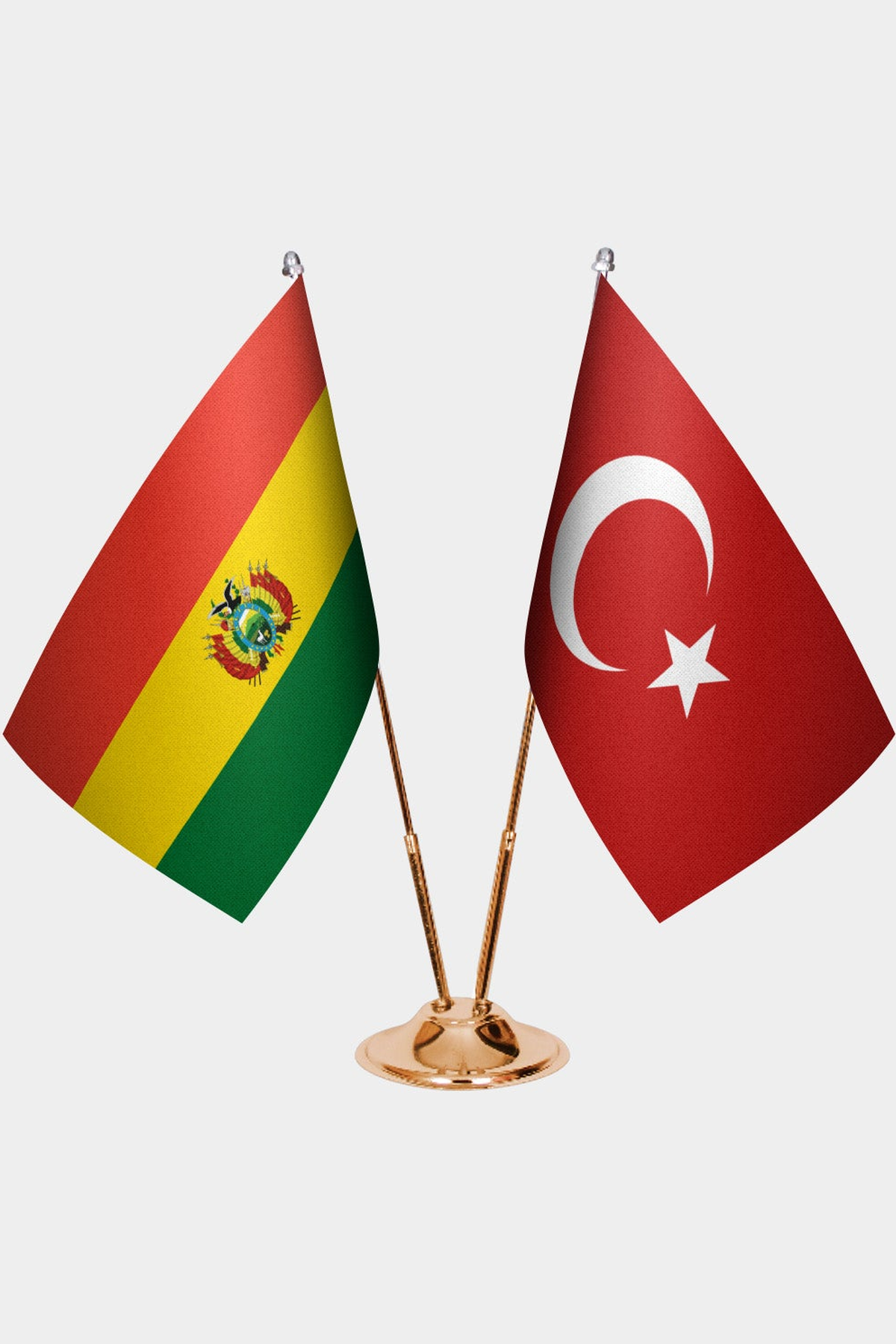 Bolivia and Türkiye dual desk flag set with gold pedestal, satin office table flag