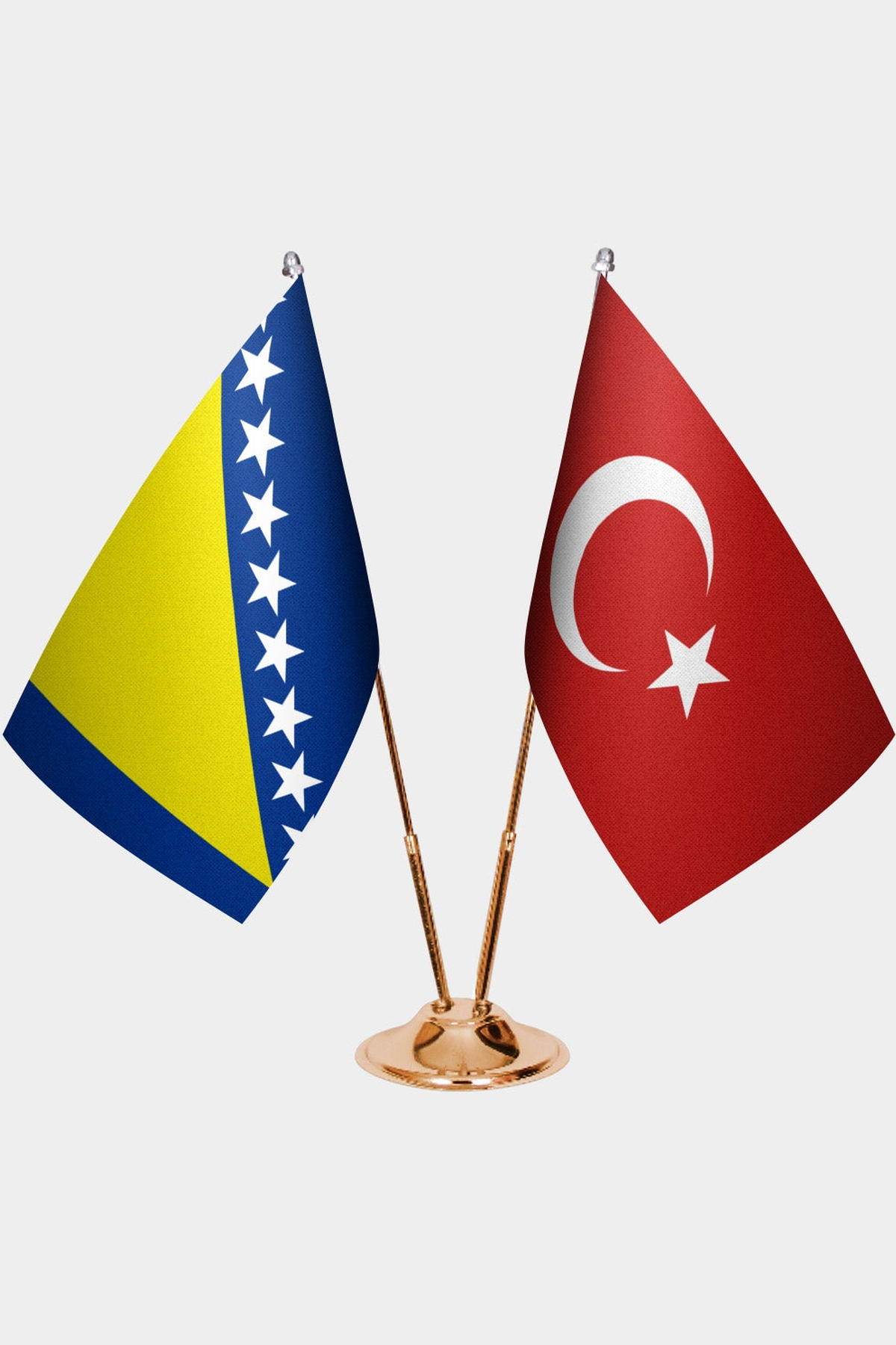 Bosnia and Herzegovina and Türkiye dual desk flag set with gold pedestal, satin office table flag