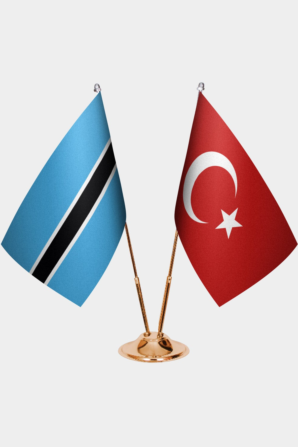 Botswana and Türkiye dual desk flag set with gold pedestal, satin office table flag