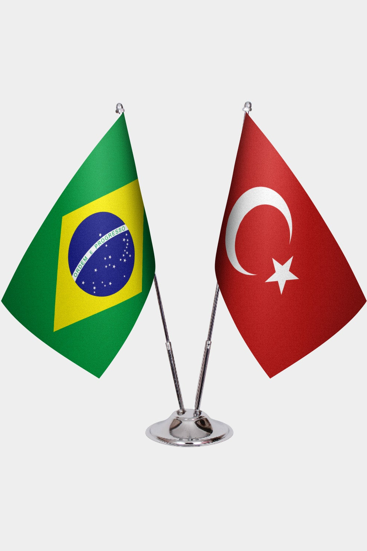 Brazil and Türkiye dual desk flag set with chrome silver pedestal, satin office table flag