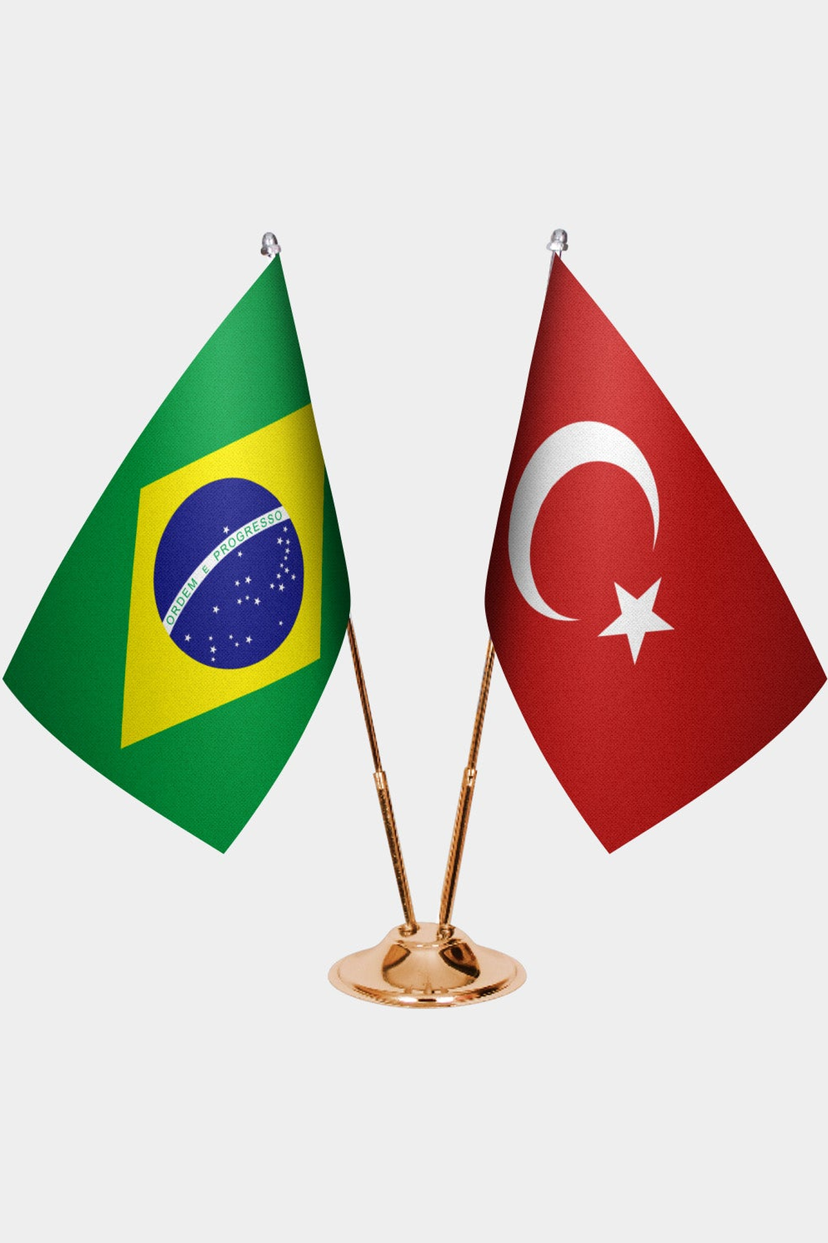 Brazil and Türkiye dual desk flag set with gold pedestal, satin office table flag