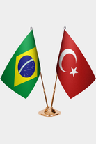 Brazil and Türkiye dual desk flag set with gold pedestal, satin office table flag