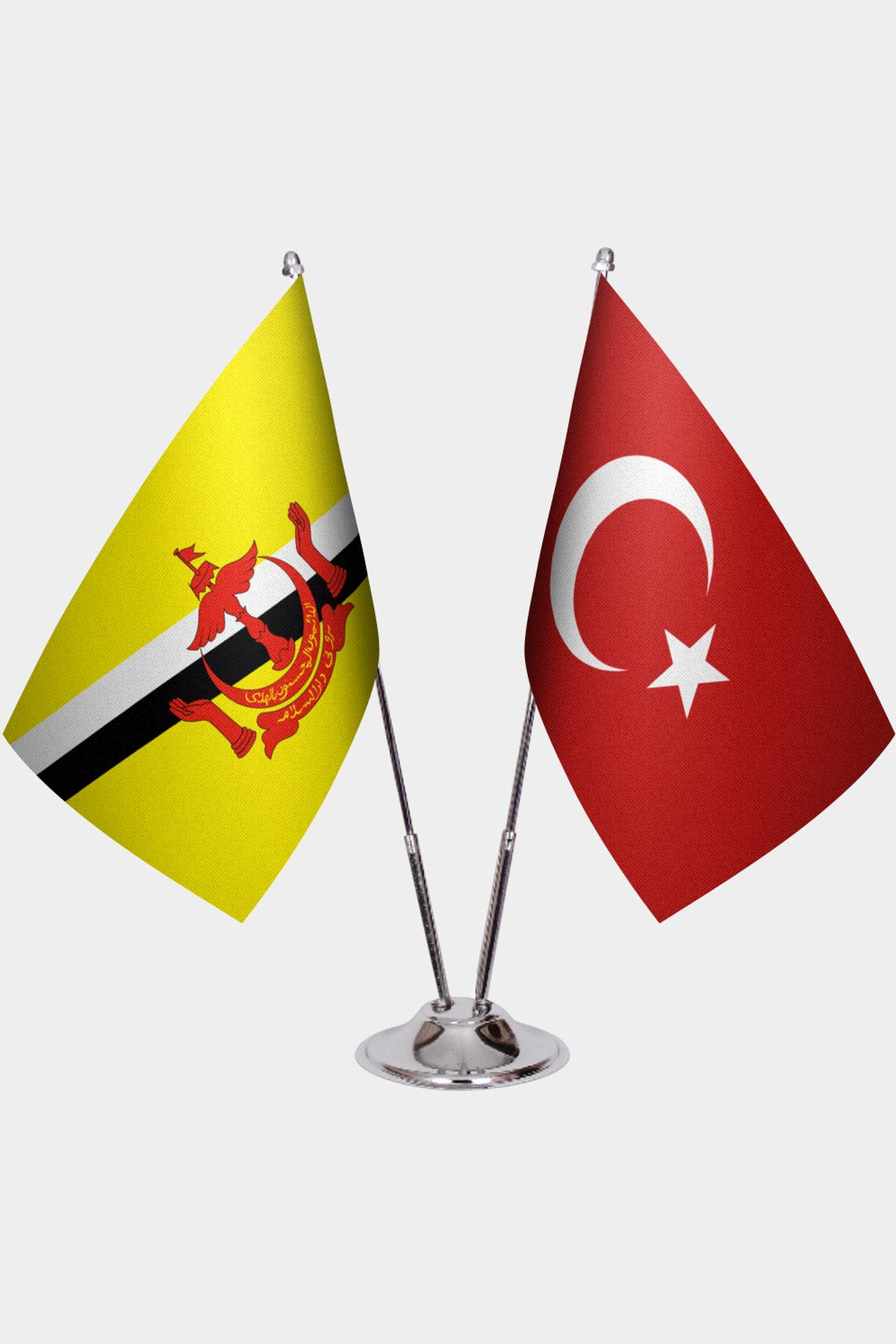 Brunei and Türkiye dual desk flag set with chrome silver pedestal, satin office table flag