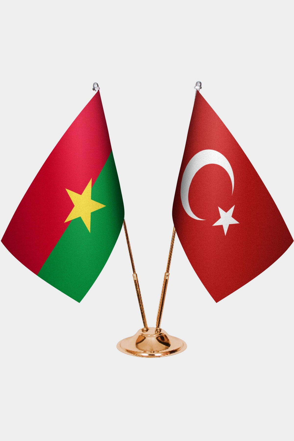 Burkina Faso and Türkiye dual desk flag set with gold pedestal, satin office table flag