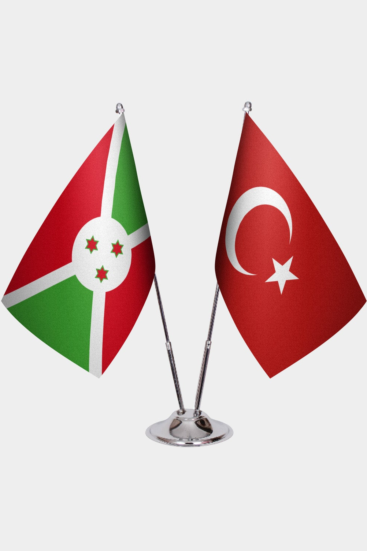 Burundi and Türkiye dual desk flag set with chrome silver pedestal, satin office table flag