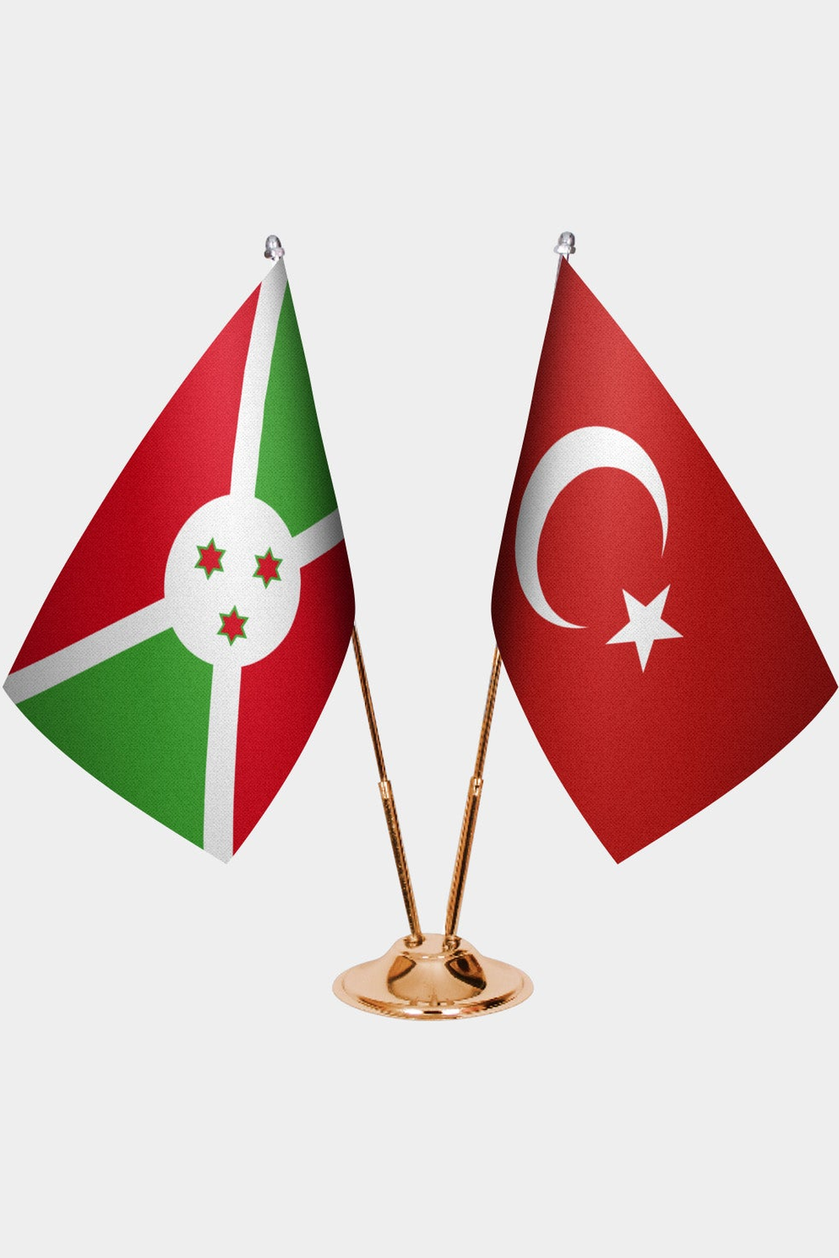 Burundi and Türkiye dual desk flag set with gold pedestal, satin office table flag