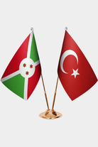 Burundi and Türkiye dual desk flag set with gold pedestal, satin office table flag