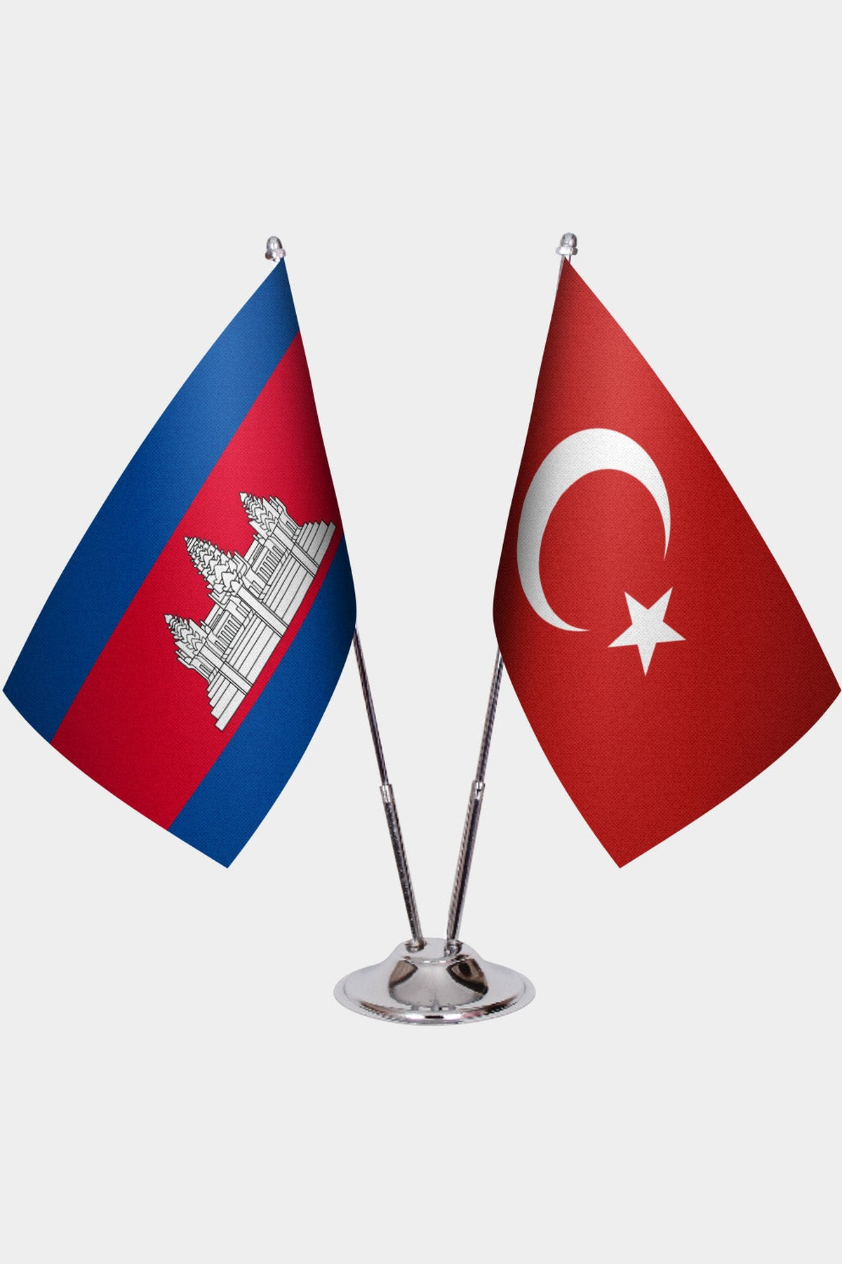 Cambodia and Türkiye dual desk flag set with chrome silver pedestal, satin office table flag