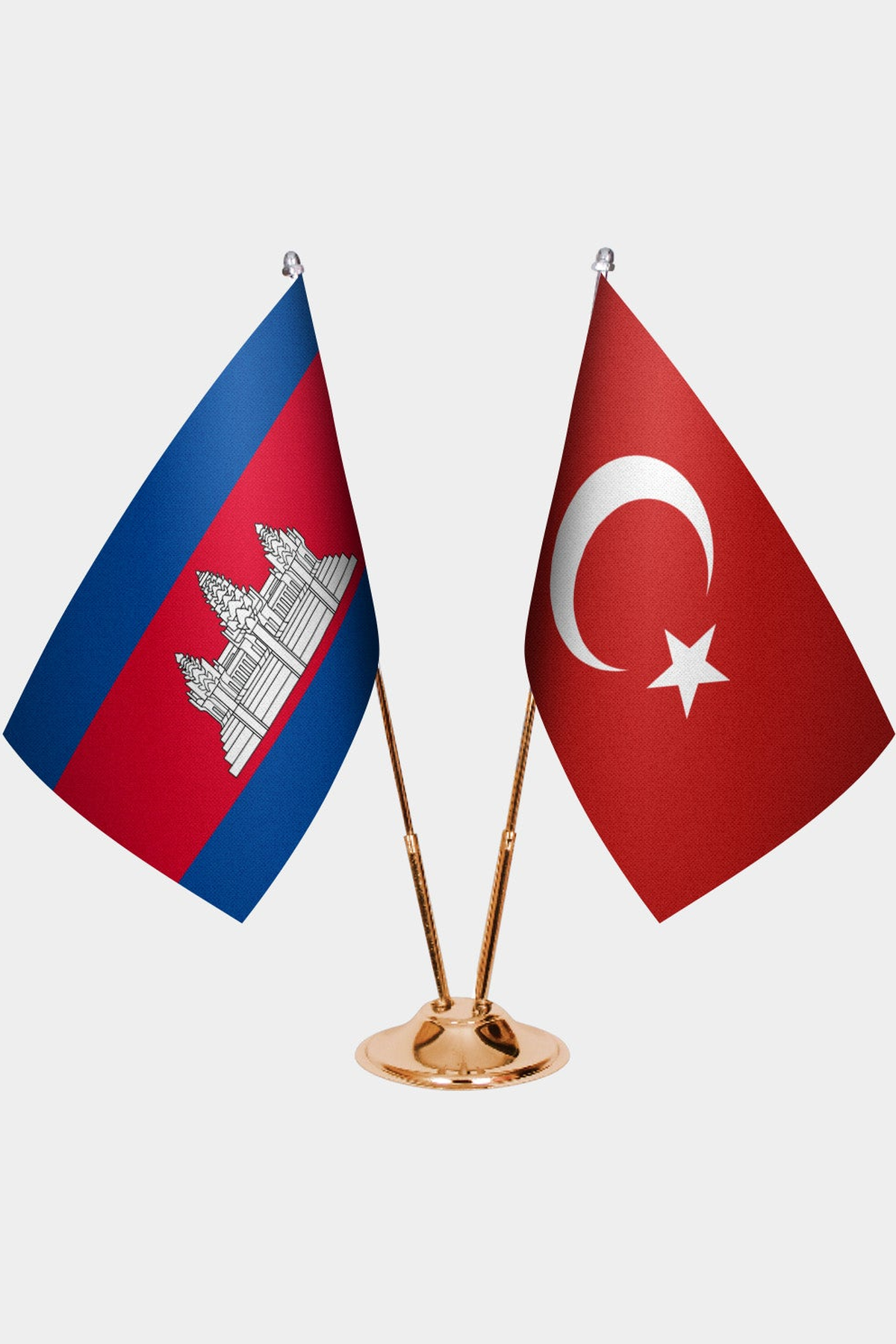 Cambodia and Türkiye dual desk flag set with gold pedestal, satin office table flag
