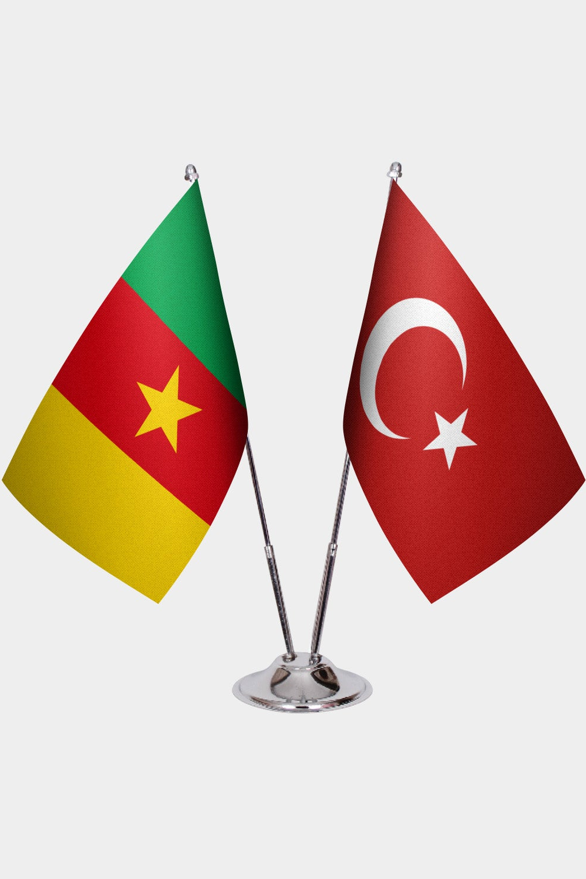 Cameroon and Türkiye dual desk flag set with chrome silver pedestal, satin office table flag