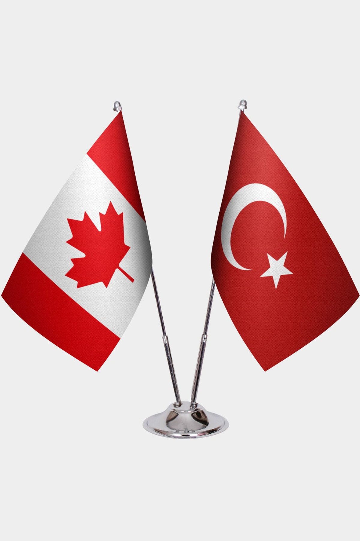Canada and Türkiye dual desk flag set with chrome silver pedestal, satin office table flag