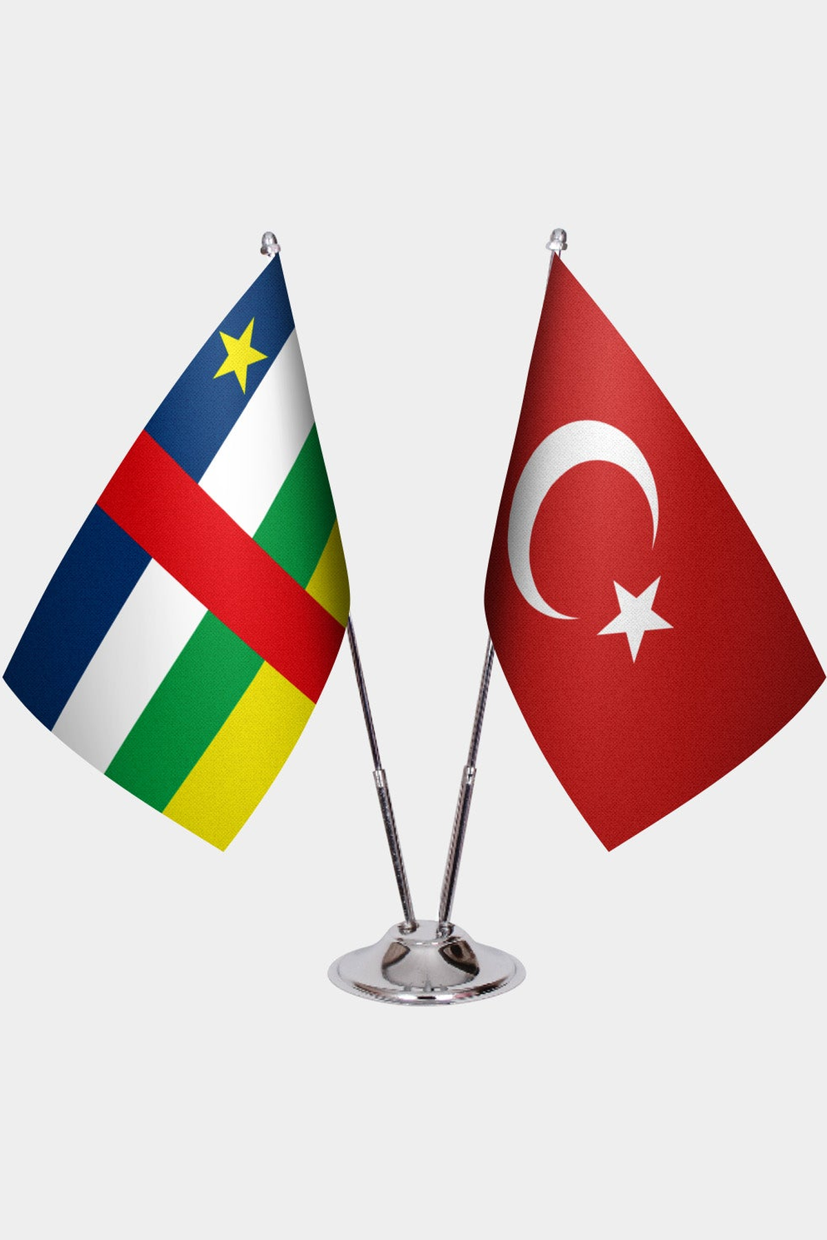 Central African Republic and Türkiye dual desk flag set with chrome silver pedestal, satin office table flag