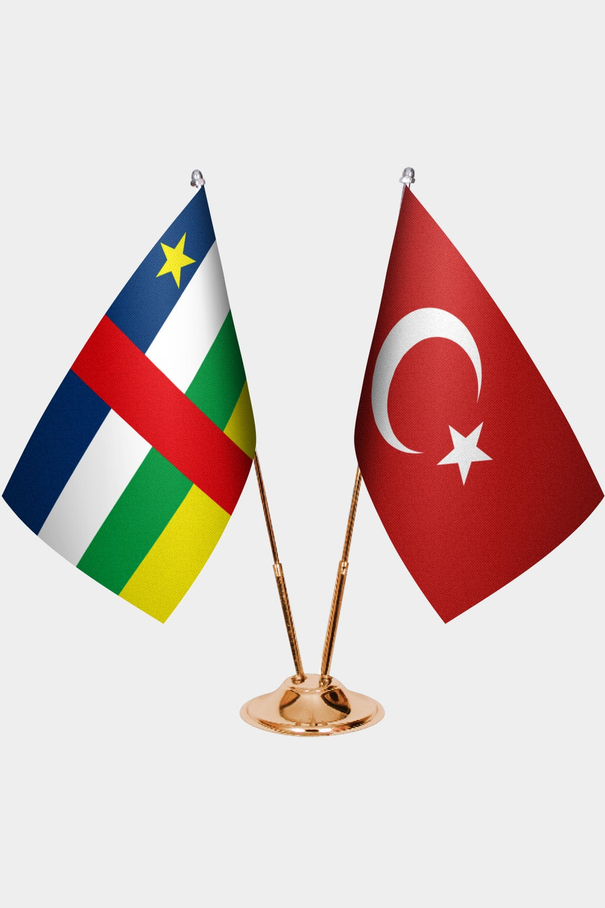 Central African Republic and Türkiye dual desk flag set with gold pedestal, satin office table flag