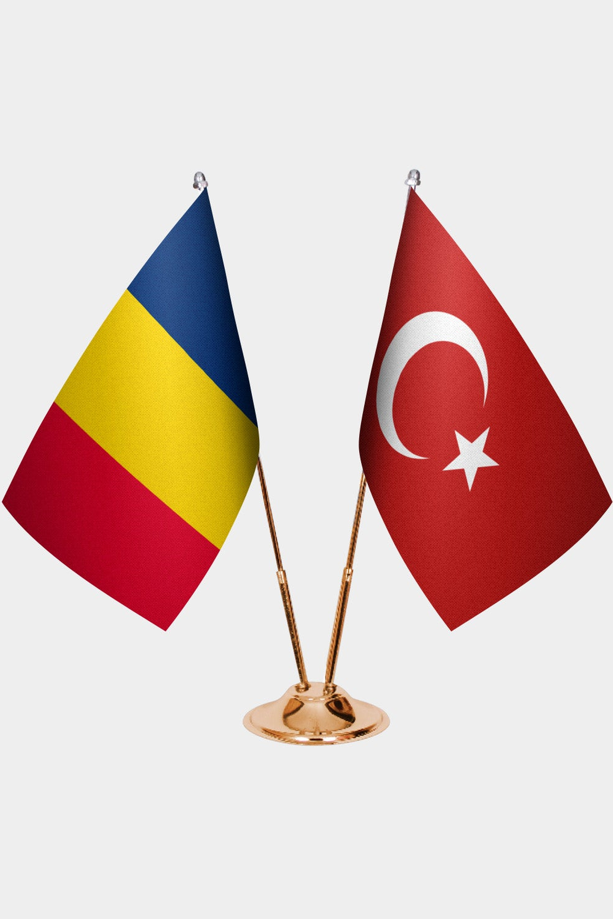 Chad and Türkiye dual desk flag set with gold pedestal, satin office table flag