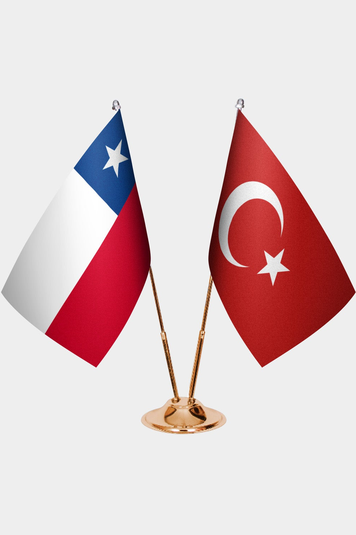 Chile and Türkiye dual desk flag set with gold pedestal, satin office table flag