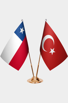 Chile and Türkiye dual desk flag set with gold pedestal, satin office table flag