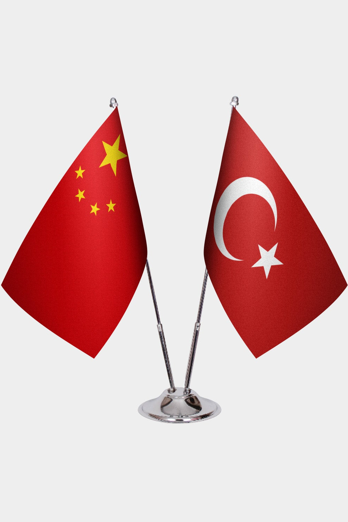 China and Türkiye dual desk flag set with chrome silver pedestal, satin office table flag