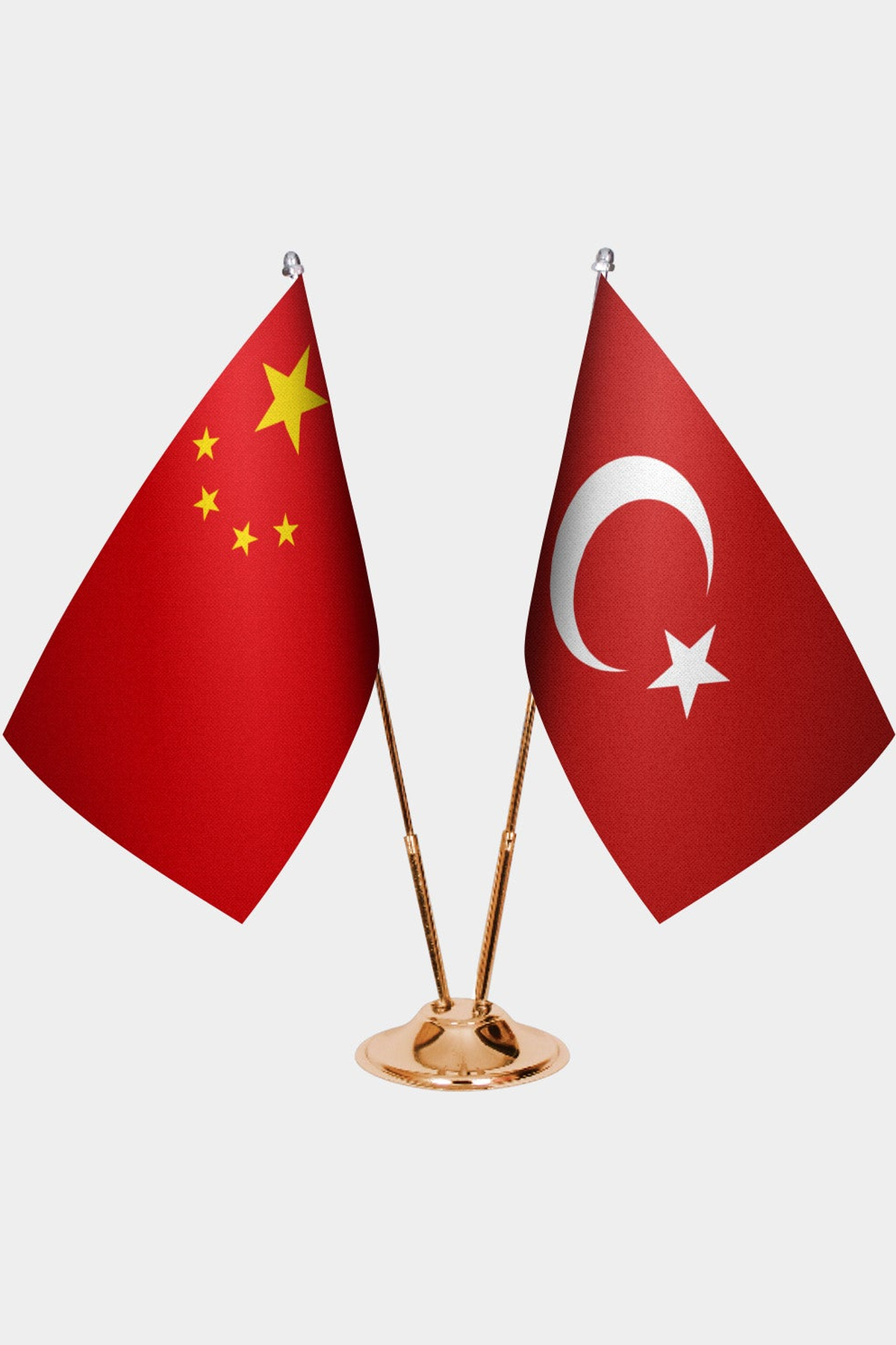 China and Türkiye dual desk flag set with gold pedestal, satin office table flag