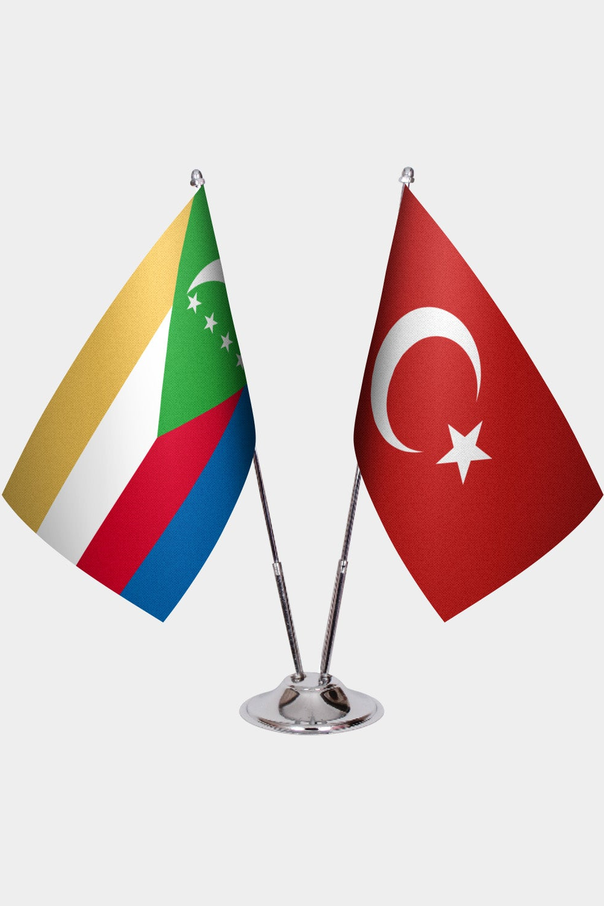 Comoros and Türkiye dual desk flag set with chrome silver pedestal, satin office table flag