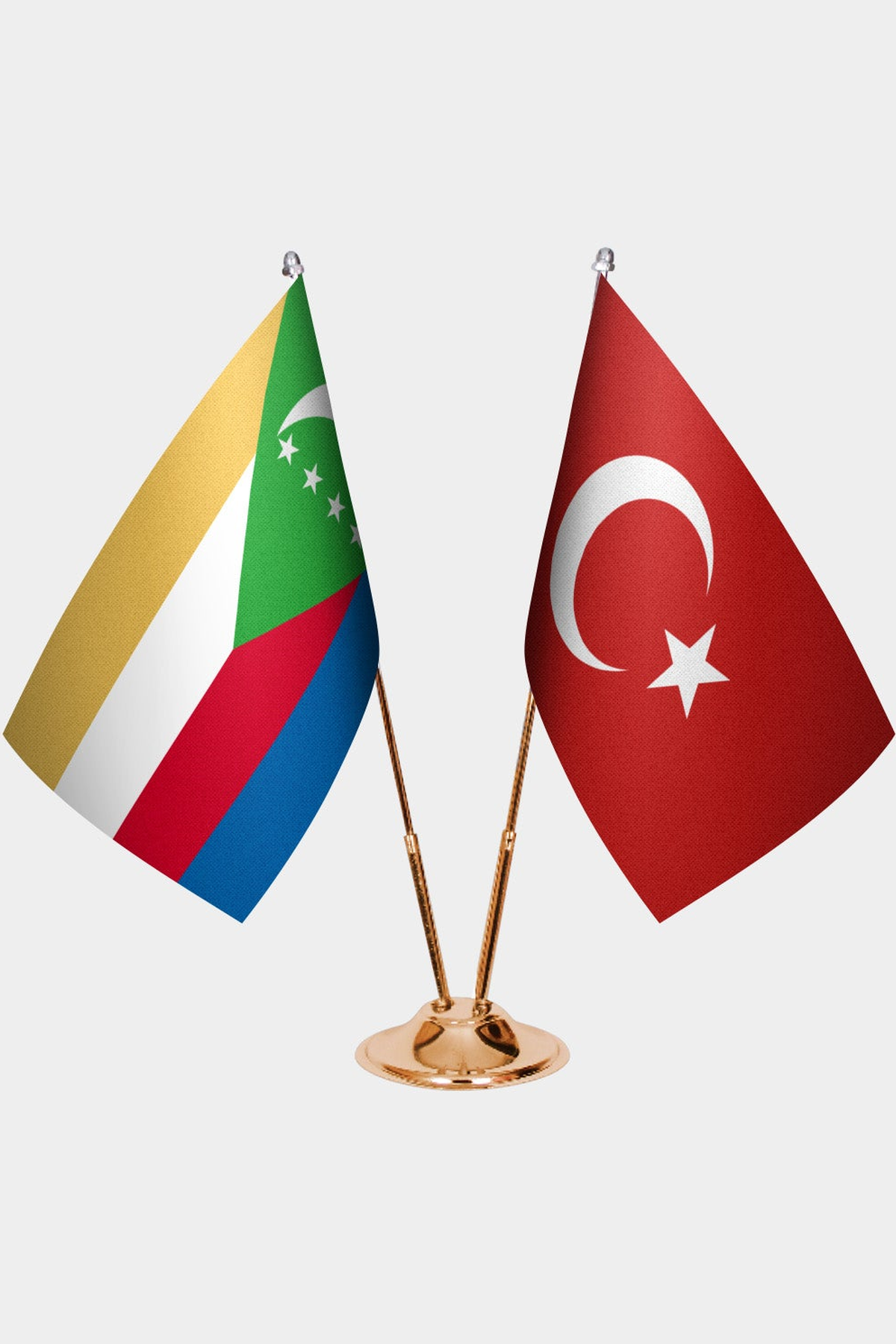Comoros and Türkiye dual desk flag set with gold pedestal, satin office table flag
